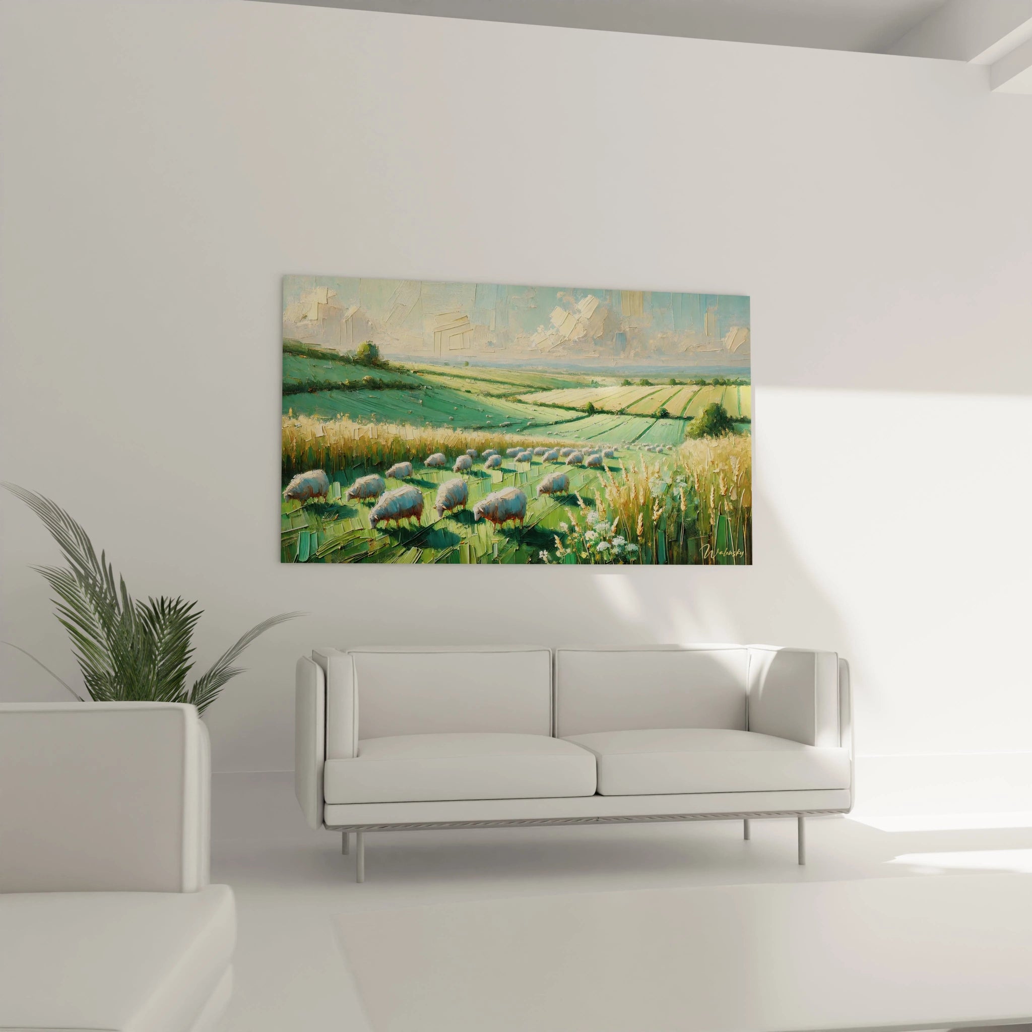 Ce tableau Campagne au-dessus du canape sublime le salon en apportant une scene bucolique verdoyante texturee et lumineuse un clin d oeil a la beaute naturelle des paysages ruraux