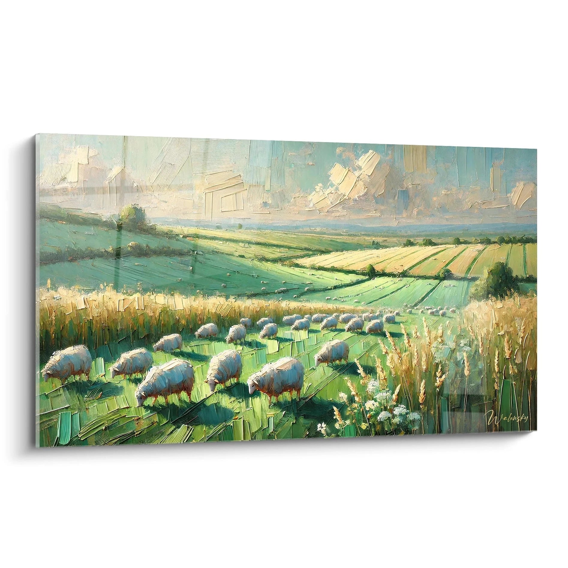 tableau Campagne vu de biais presentant des collines verdoyantes et un ciel paisible une immersion dans la serenite rurale aux textures contemporaines parfait pour les amoureux de paysages naturels