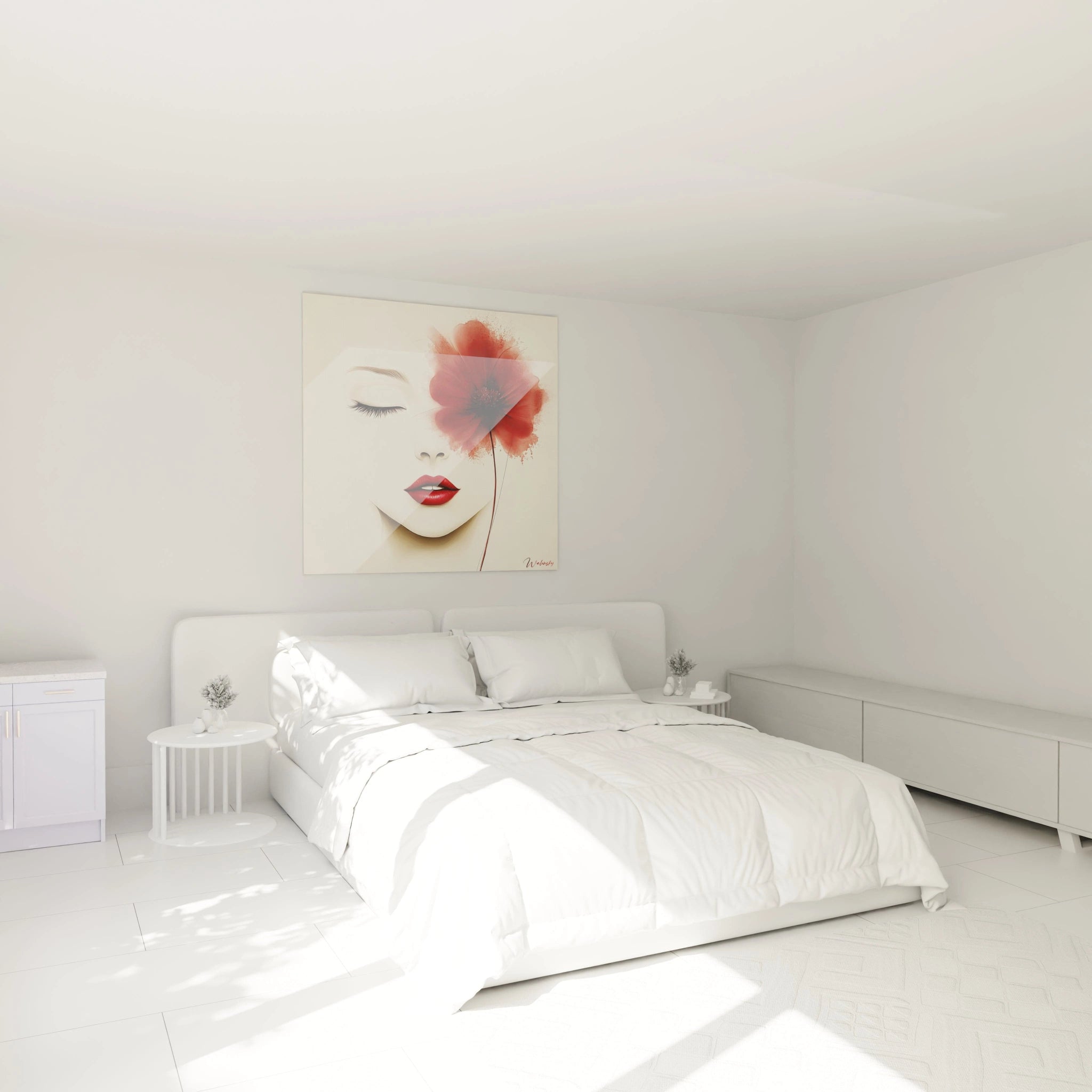 Un tableau visage féminin élégant combinant délicatesse et intensité, où une fleur écarlate éclaboussée remplace la joue droite. Les lignes épurées du visage contrastent avec la texture vibrante des pétales rouges et des lèvres assorties.