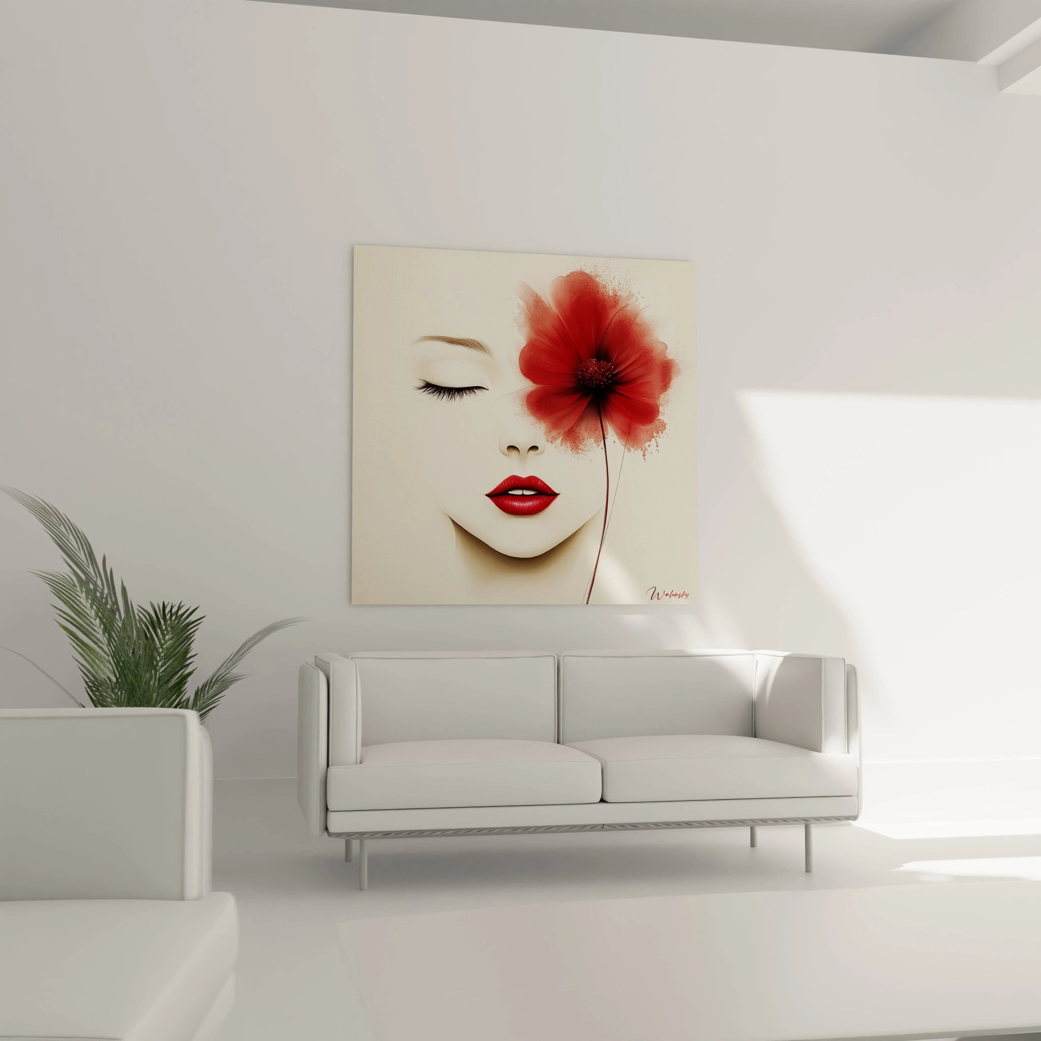 Un tableau visage floral artistique représentant un visage pâle aux traits délicats avec œil fermé et sourcil finement dessiné. Une fleur rouge vif éclate sur le côté, créant un effet d'asymétrie saisissant avec les lèvres carmines.
