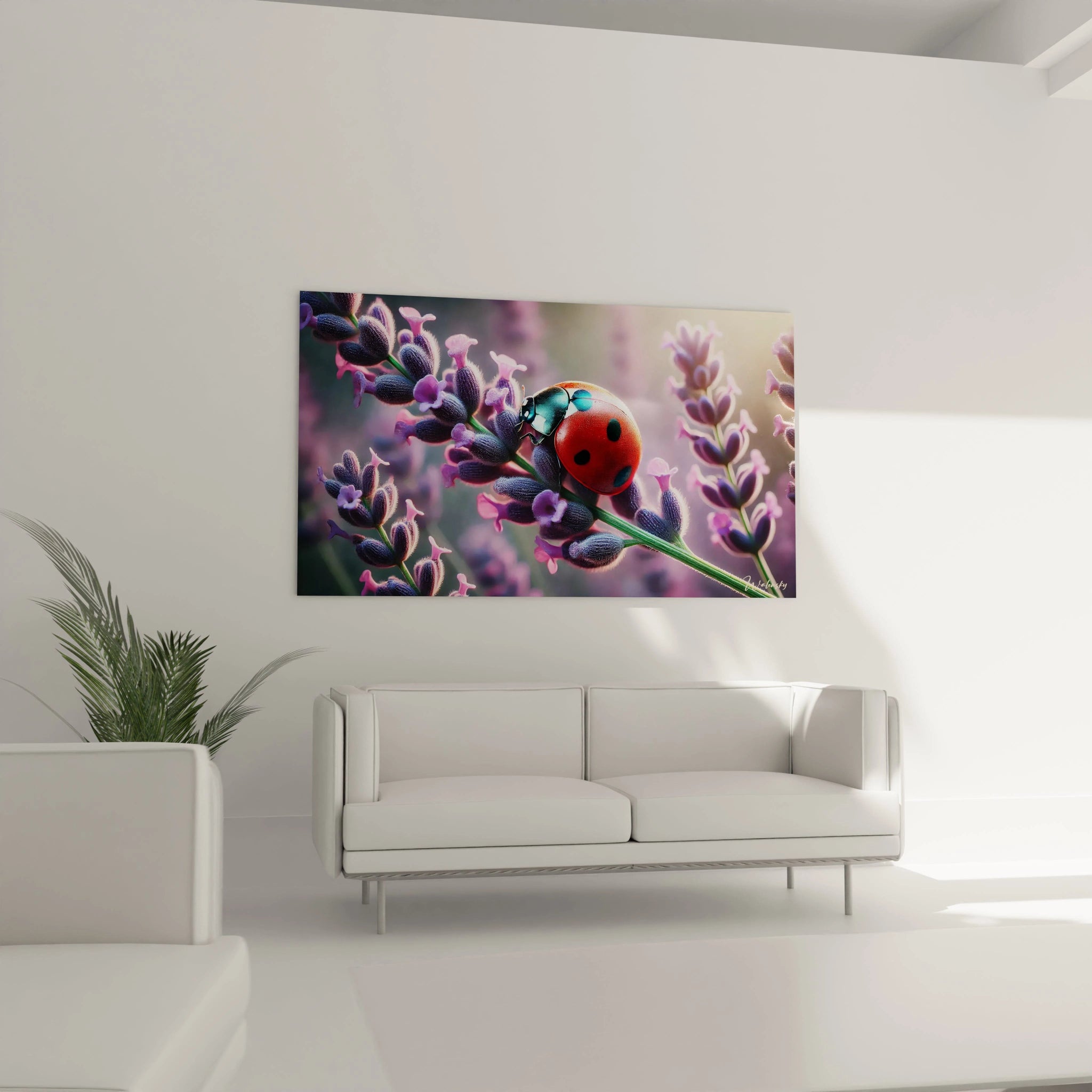 tableau coccinelle dans un salon accroché au dessus du canapé il illumine la pièce avec ses teintes vives et crée une atmosphère tranquille et élégante parfaite pour un espace de détente