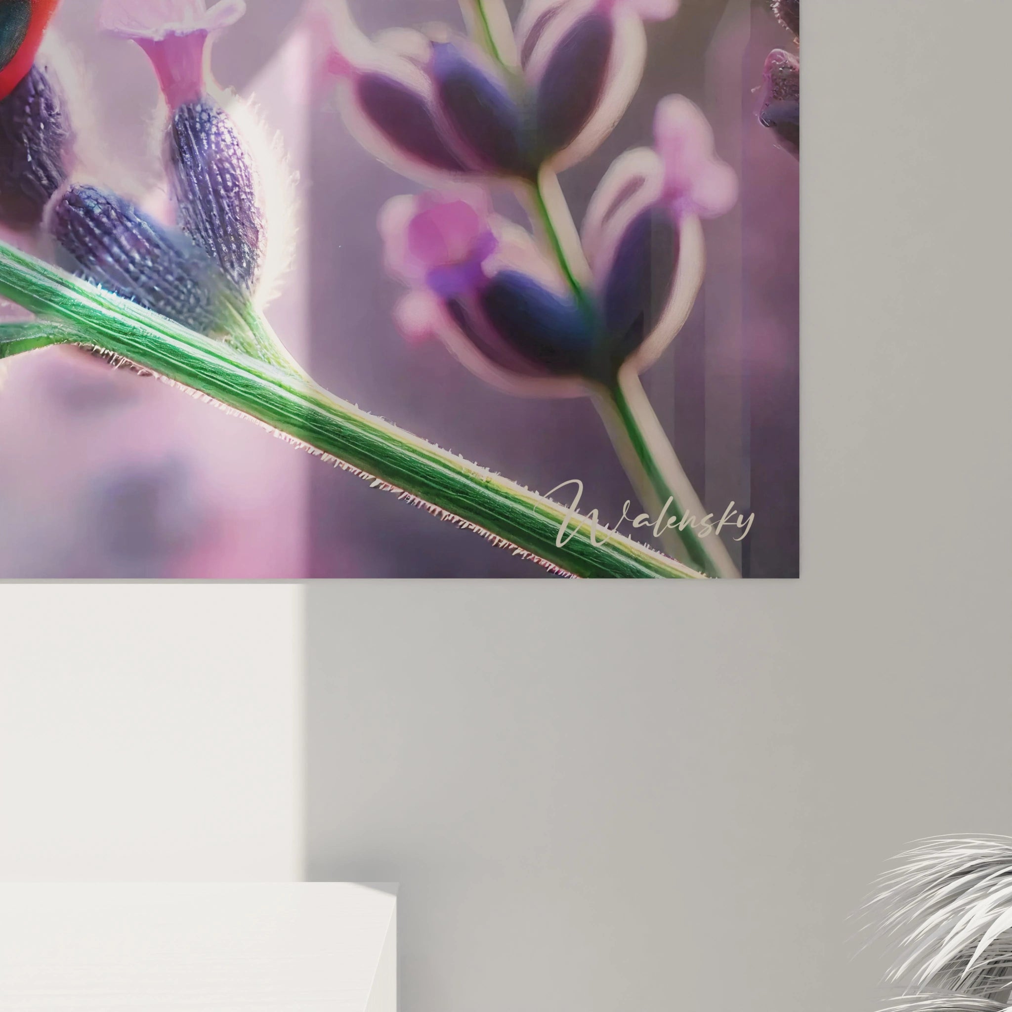 vue rapprochée du tableau coccinelle les détails minutieux de l insecte et de la lavande capturent l attention et offrent une profondeur visuelle fascinante idéale pour un intérieur naturel