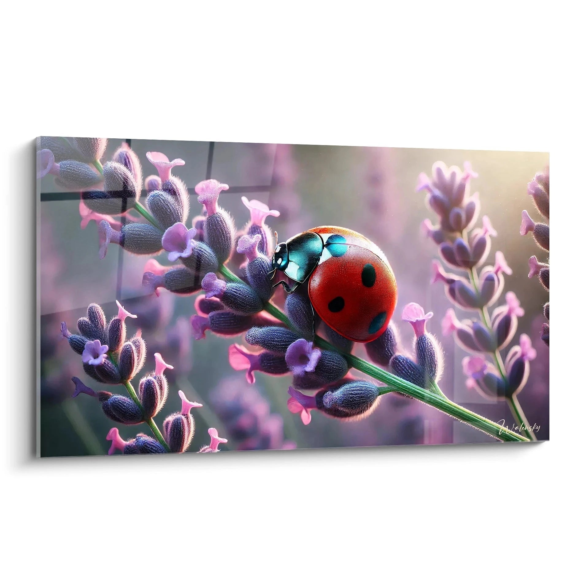 tableau coccinelle vu de biais ce tableau capture la symbiose entre une coccinelle et une lavande en fleurs le contraste entre les teintes douces et la carapace brillante rend l oeuvre captivante