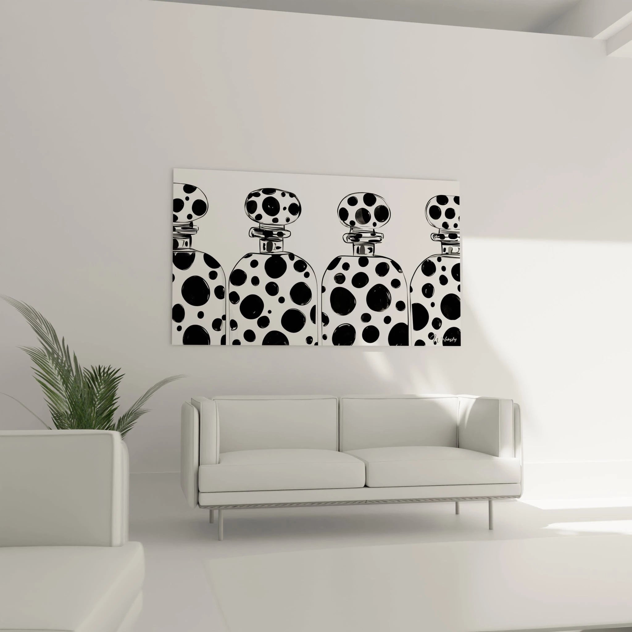 Tableau tacheté noir et blanc de Walensky représentant quatre figures stylisées sur un mur moderne