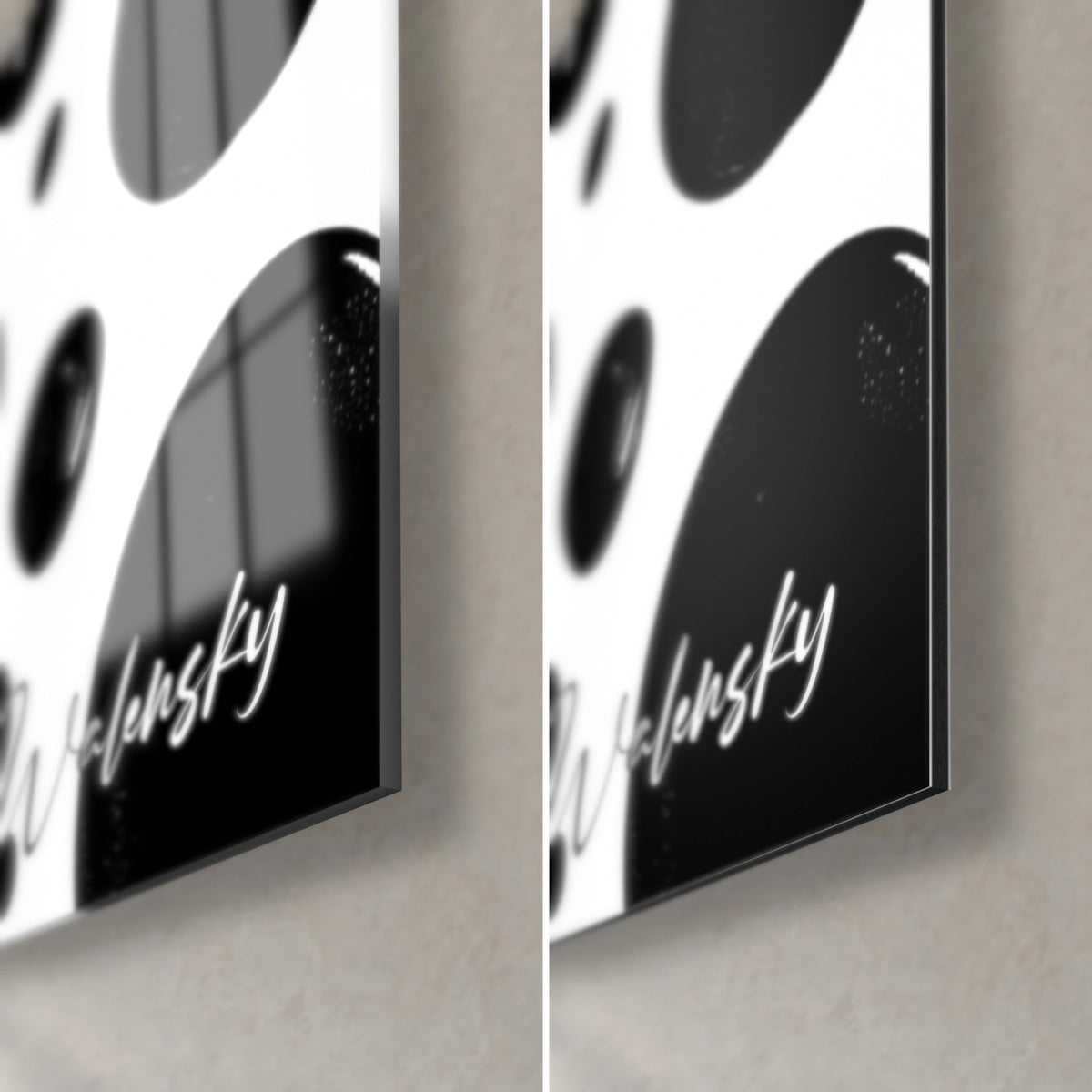 Wall art black and white speckled bottles, bottom right corner: glossy acrylic glass on the left, matte Dibond aluminium on the right, 3 mm edge