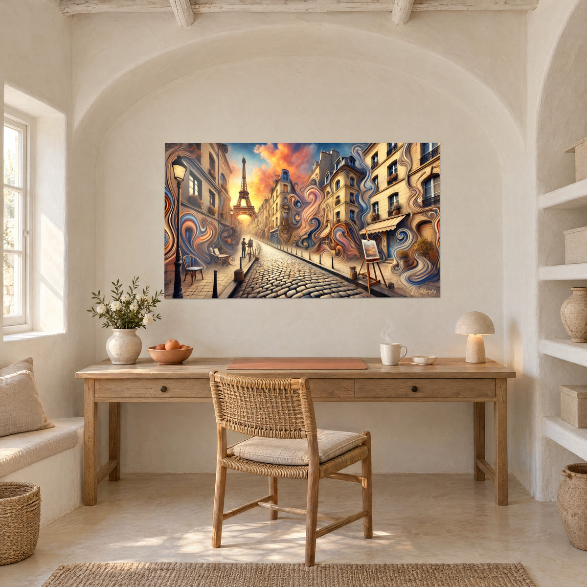 Wall art of a distorted Haussmann avenue, easel and Eiffel Tower under a golden and blue sky, on the wall of a wooden office