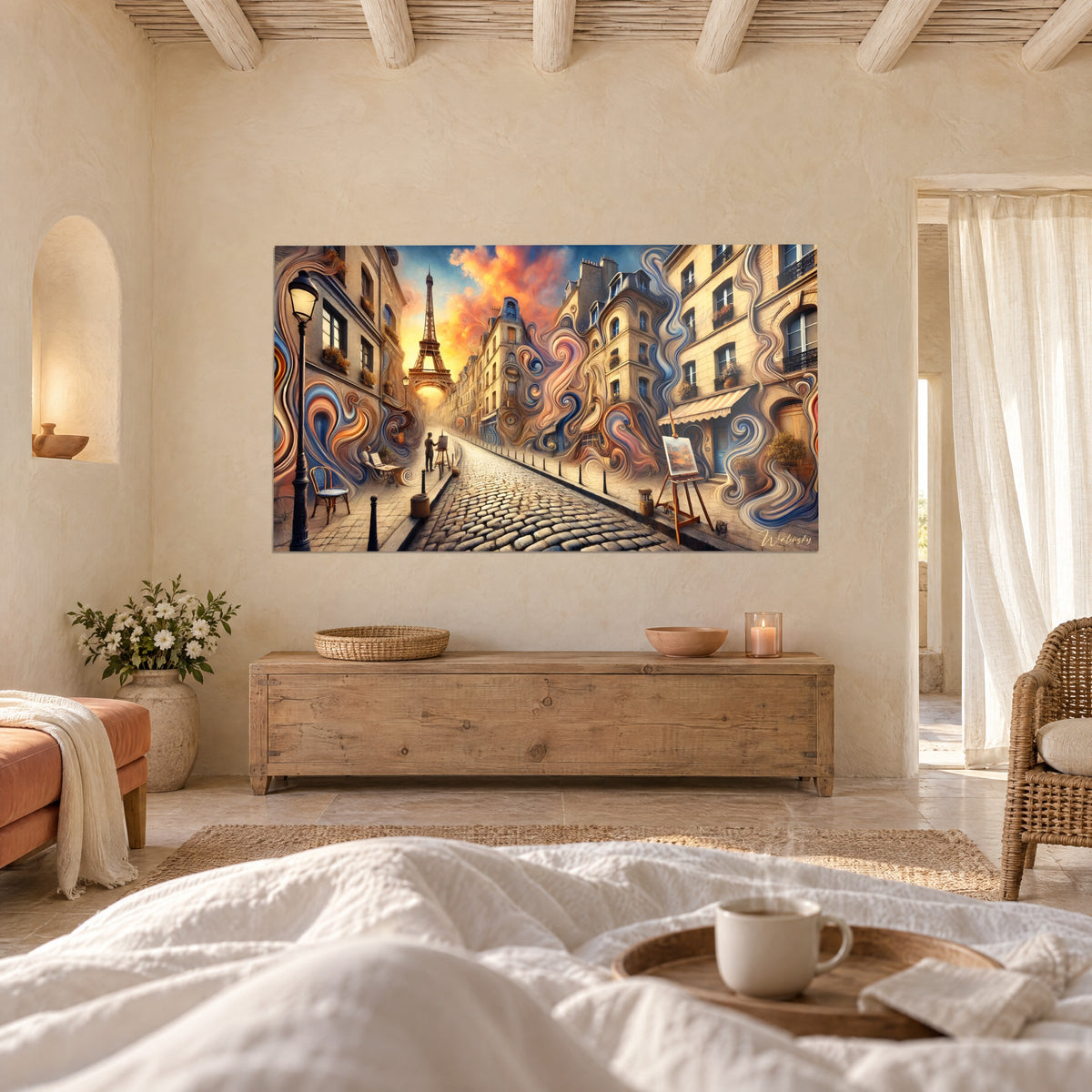 Surreal Paris wall art with indigo and apricot swirls, Eiffel Tower in the distance, above a bed in a light bedroom