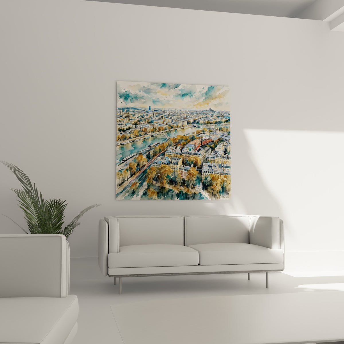 Fleuve et ponts de Paris en ocre et bleu, suspendus au-dessus d'un canapé dans un salon lumineux