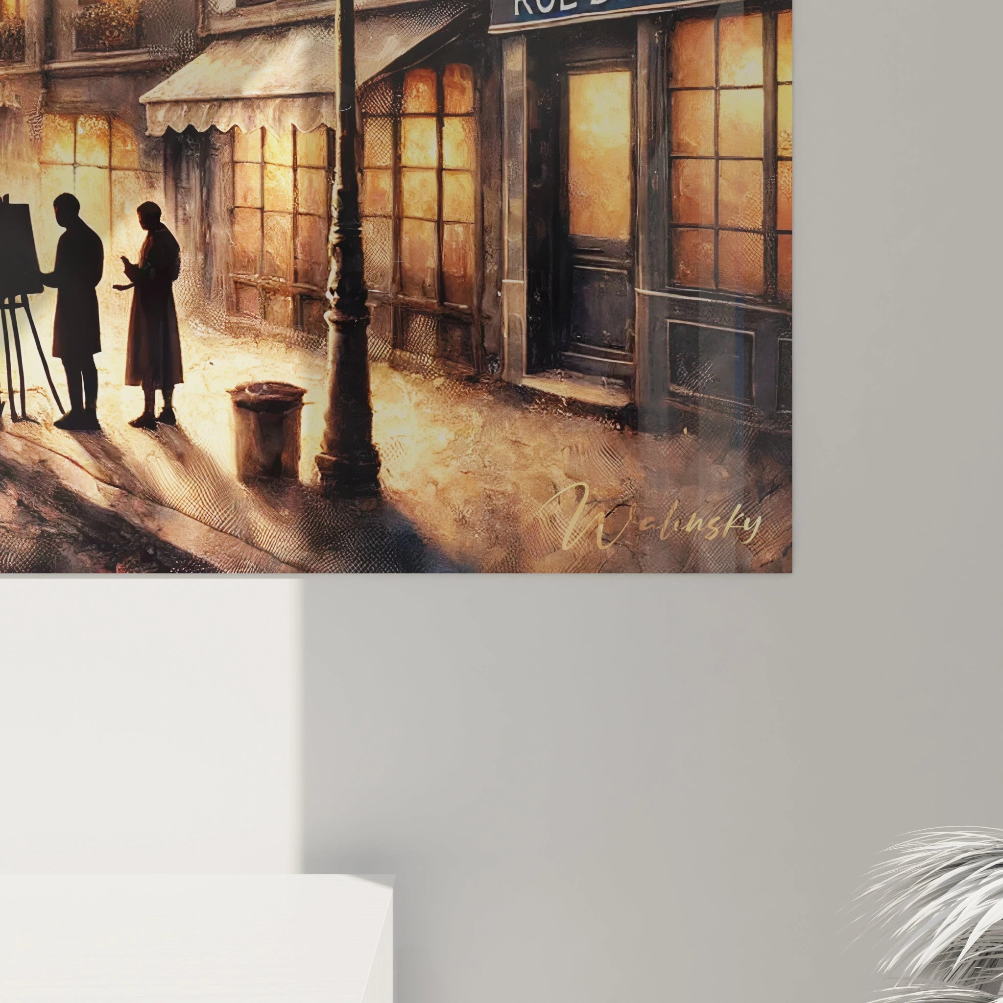 Vue rapprochée tableau Paris révèle des textures riches et des détails précis. Les tons dorés et marron vibrent sous la lumière, capturant l’atmosphère unique des soirs parisiens.