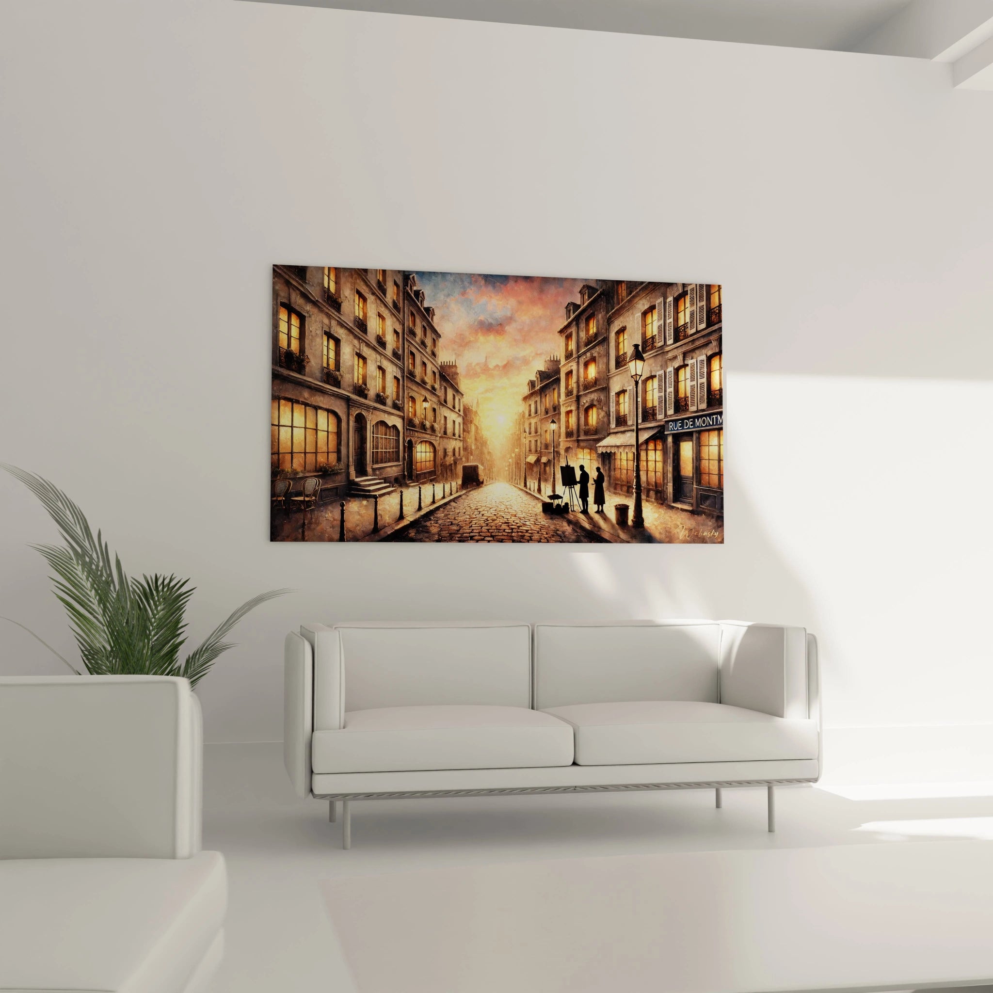 tableau Paris accroché au mur dans un salon capte l’attention avec ses reflets lumineux et ses nuances chaudes. Il transforme l’espace en un hommage à l’élégance et au charme de Montmartre.