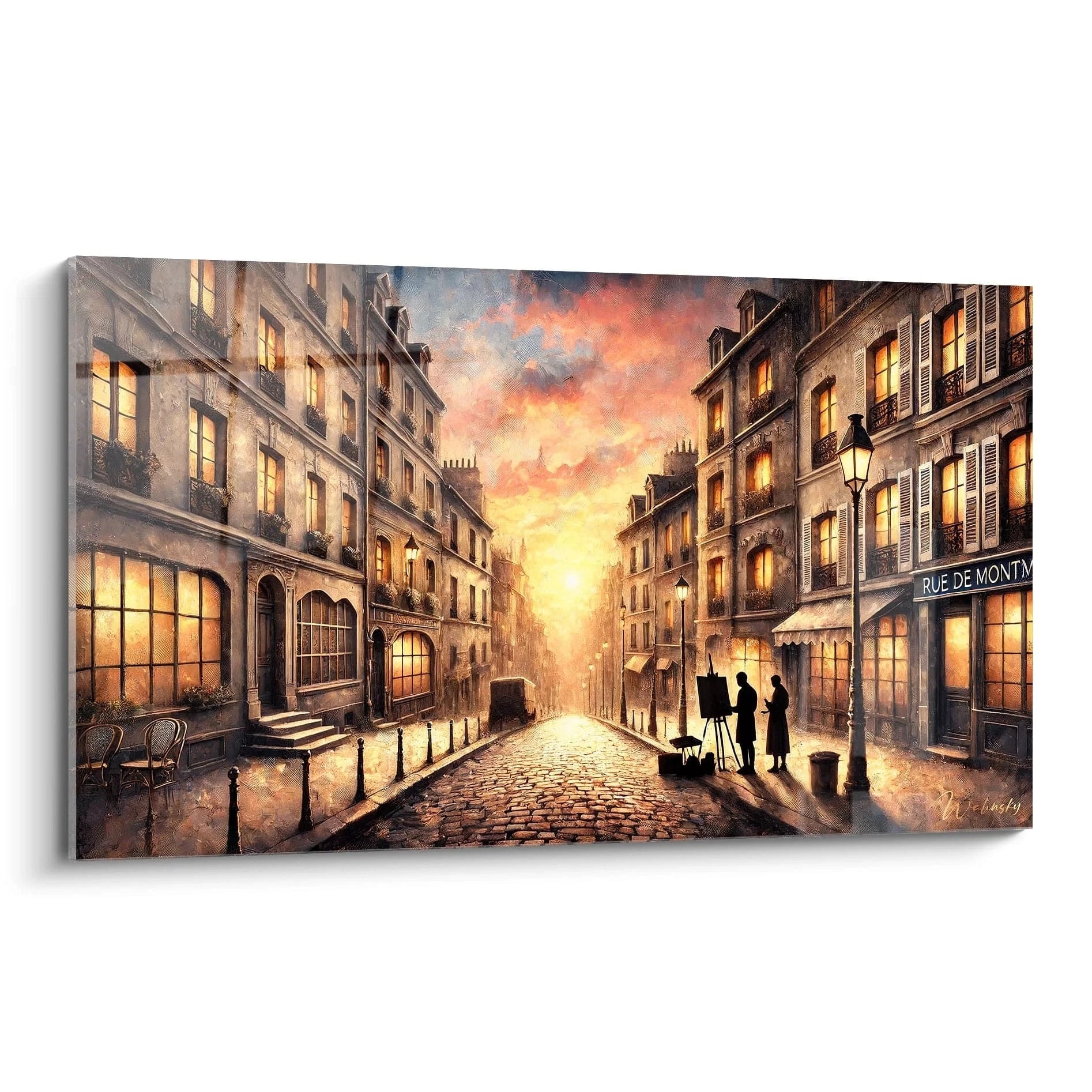 tableau Paris vu de biais dévoile une rue de Montmartre baignée par une lumière dorée. Les façades chaleureuses et les pavés texturés rappellent l’élégance intemporelle de la capitale française.