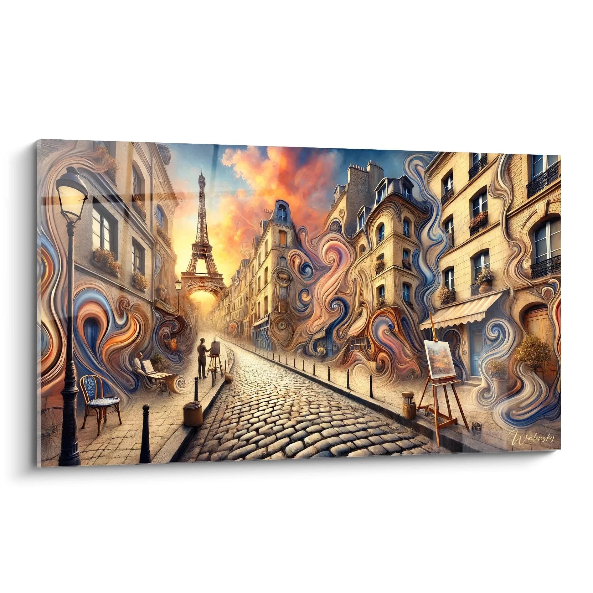 tableau Paris vu de biais dévoile des courbes fluides et des teintes bleu, orange et beige. La Tour Eiffel se dresse majestueuse dans une ambiance onirique, fusionnant architecture et rêve.