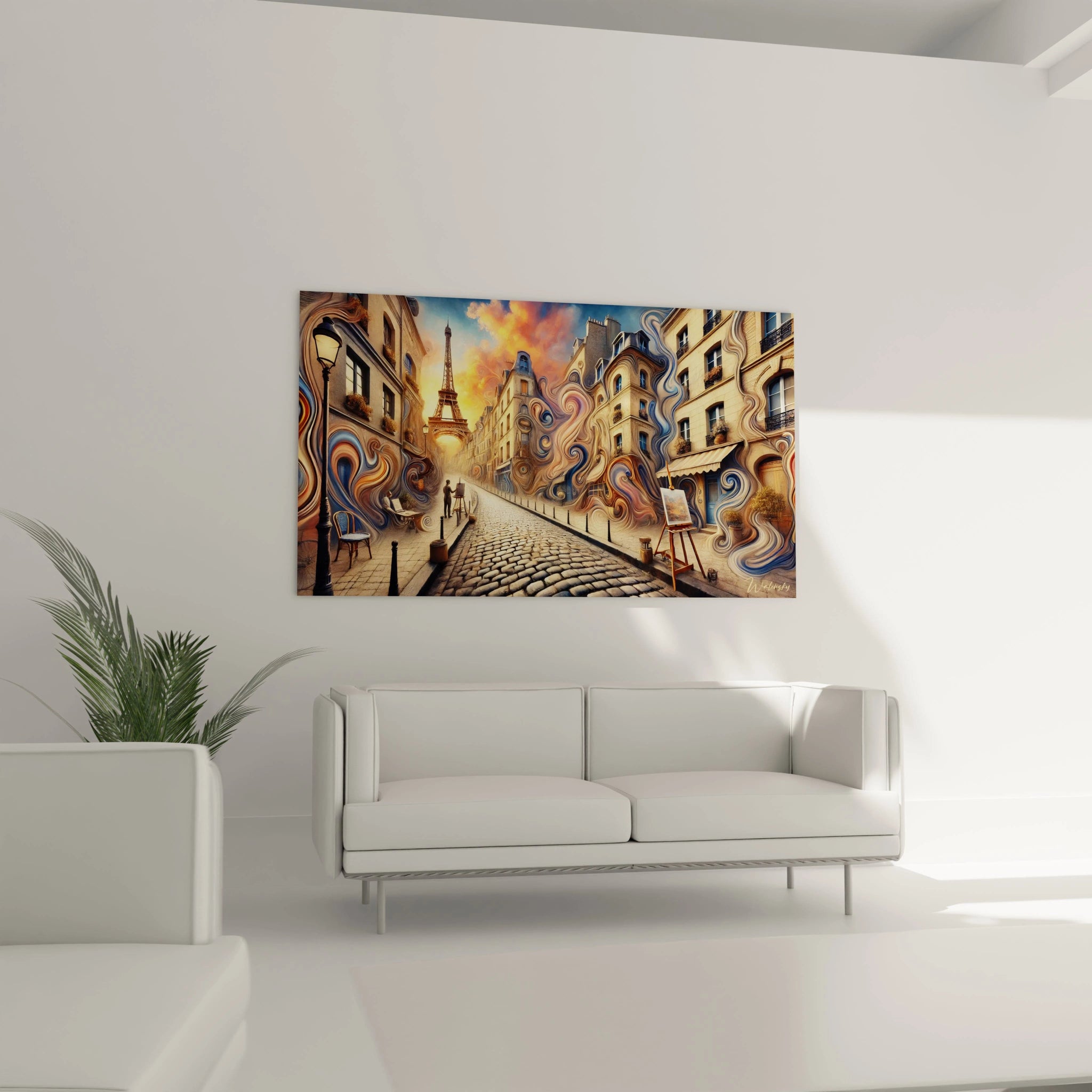 tableau Paris accroché dans un salon capte l’attention avec son mélange d’architecture et de textures dynamiques. La lumière met en valeur les teintes chaudes et l’énergie parisienne.