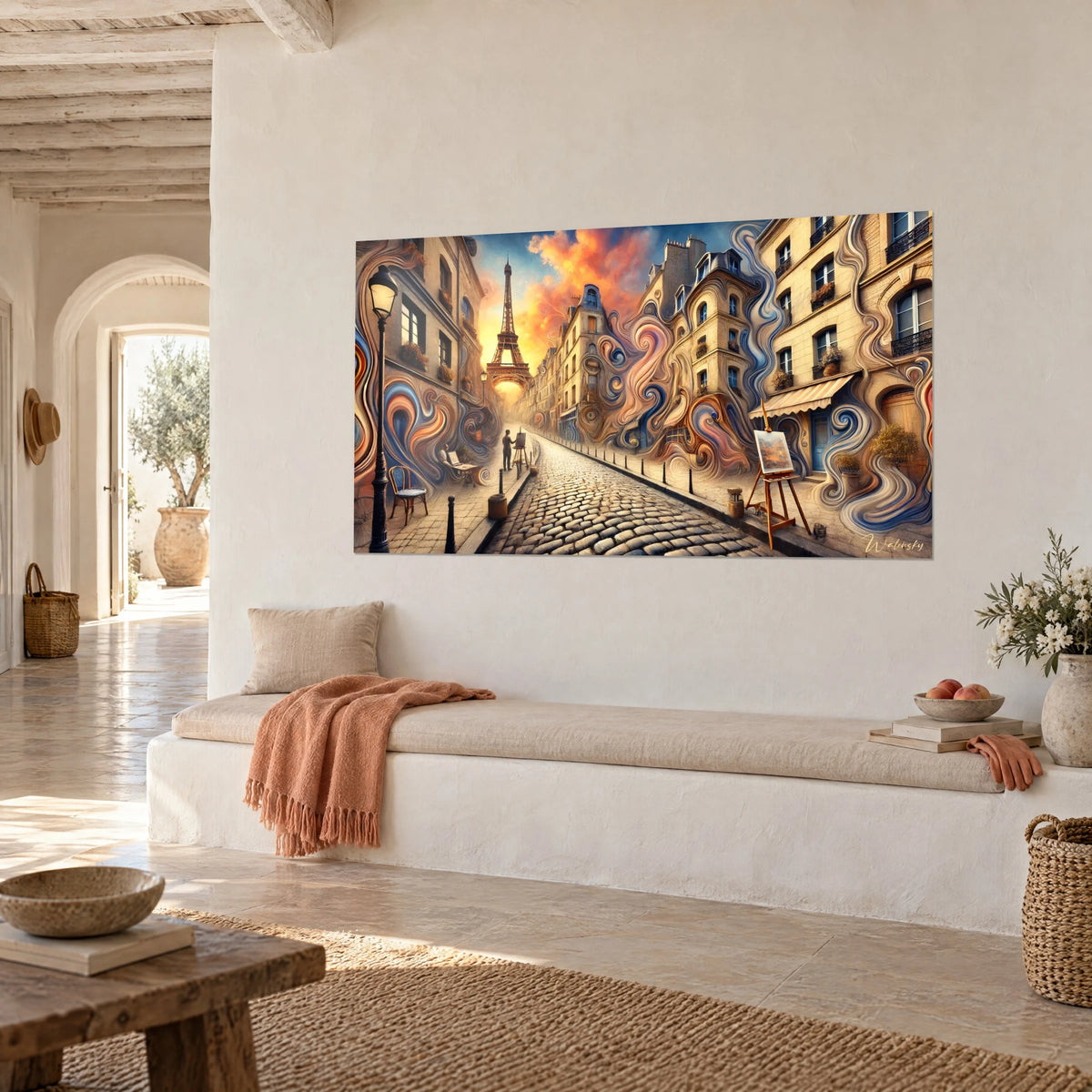 Wall art of a Parisian alley with spiralling blue and ochre facades, lit street lamp, white wall of a Mediterranean house
