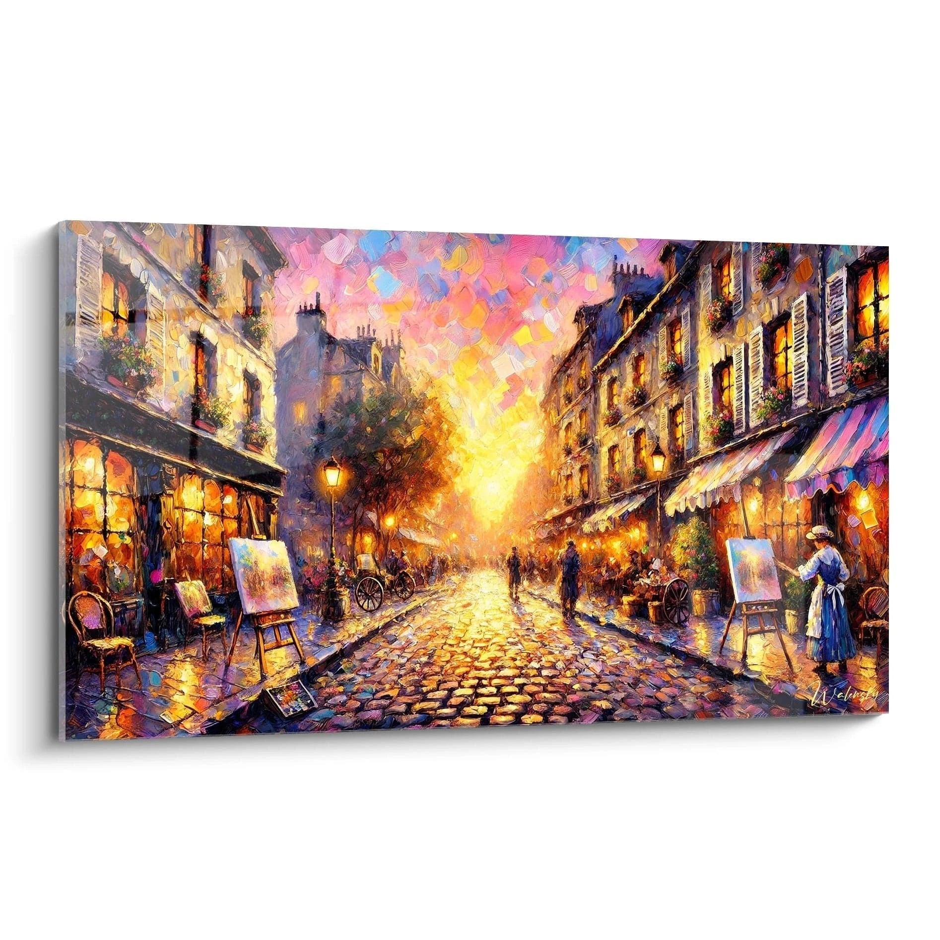 tableau Paris vu de biais révèle des reflets dorés sur des pavés humides, illuminés par des tons chauds d'orange et de rose. Une scène vivante où l'effervescence nocturne se mêle à l'intimité citadine.