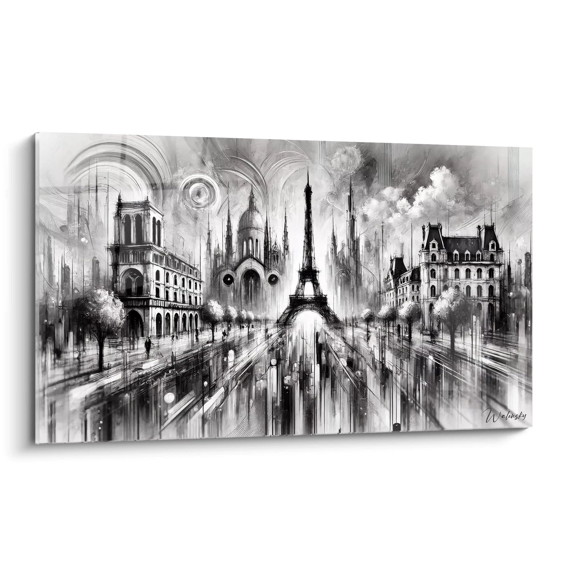 tableau Paris Noir et Blanc vu de biais révèle des lignes épurées et des contrastes subtils. La Tour Eiffel et Notre-Dame prennent vie à travers des nuances monochromes captivantes.