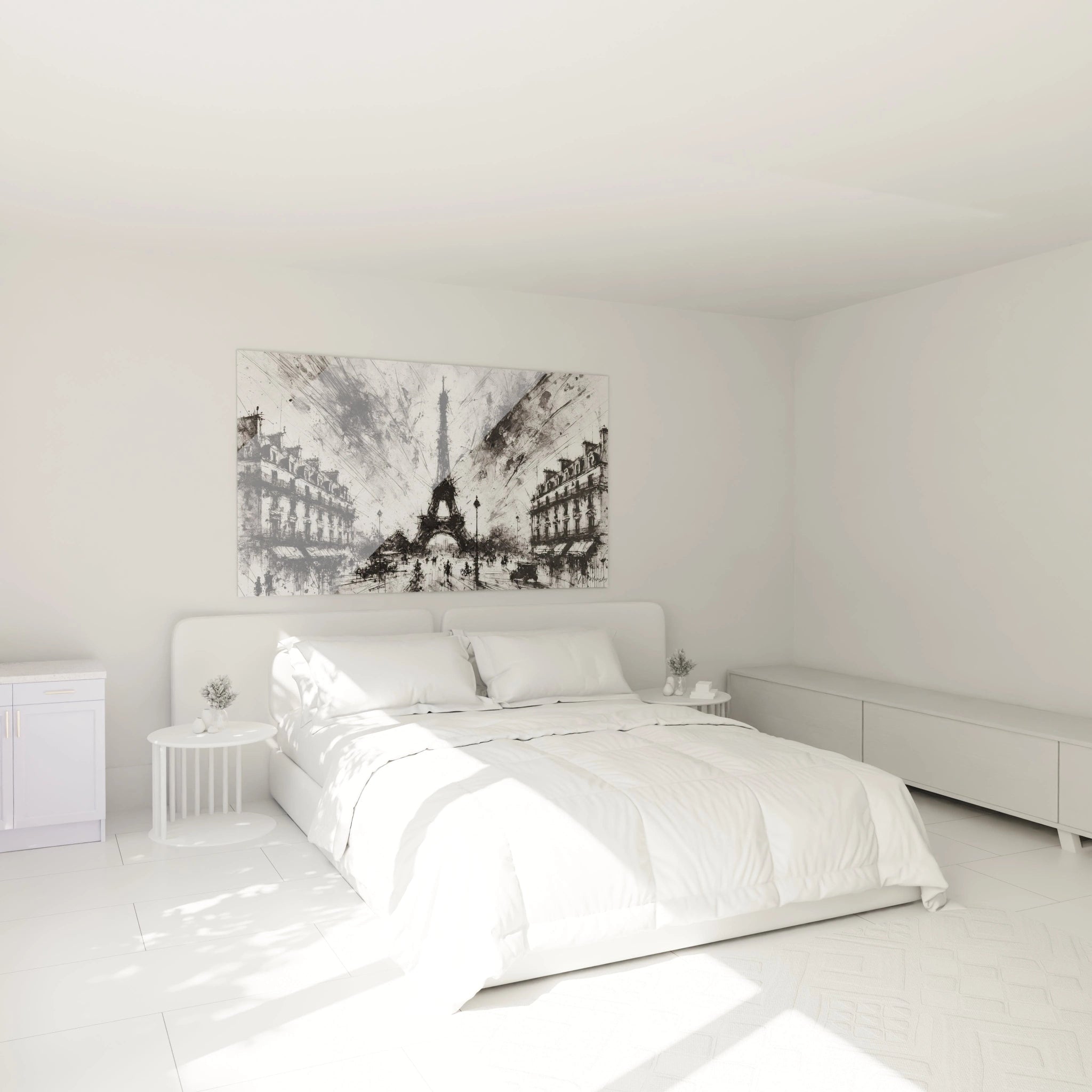 tableau Paris Noir et Blanc accroché au-dessus du lit transforme la chambre avec ses contrastes saisissants et ses formes architecturales épurées. Il évoque calme et sophistication dans un espace apaisant.