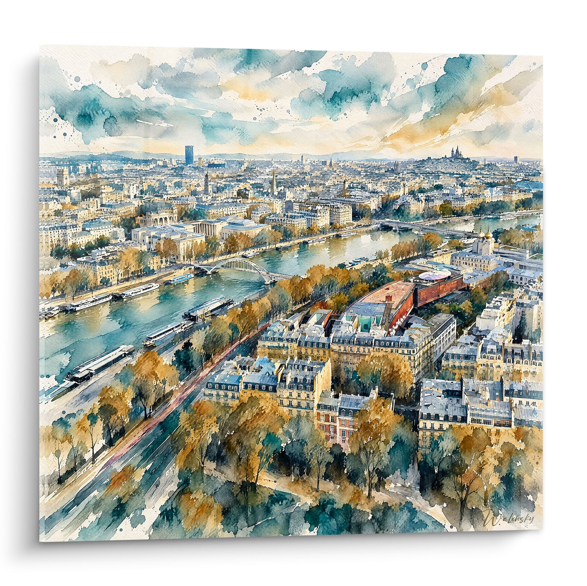 Vue aérienne de Paris en aquarelle, Seine bleu turquoise et toits dorés automnaux