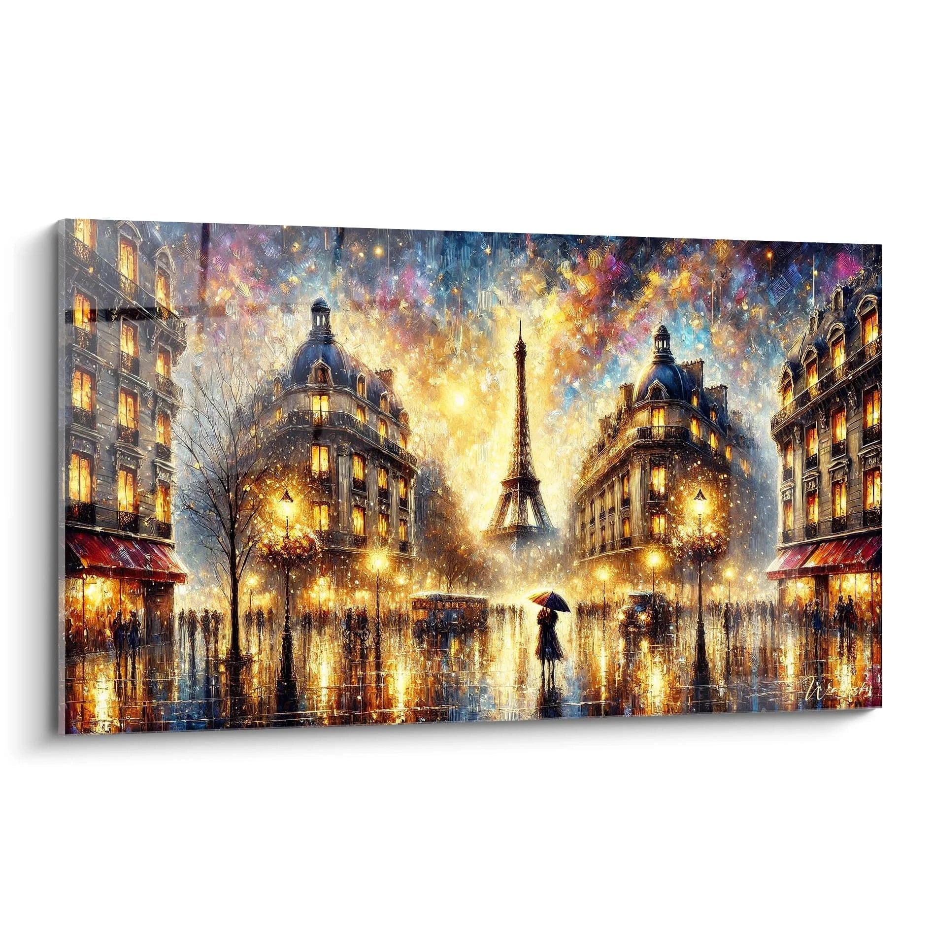 tableau Paris Sous la Pluie vu de biais dévoile des reflets dorés sur pavés mouillés et la tour Eiffel en arrière-plan. Une harmonie vibrante entre pluie et lumières parisiennes.