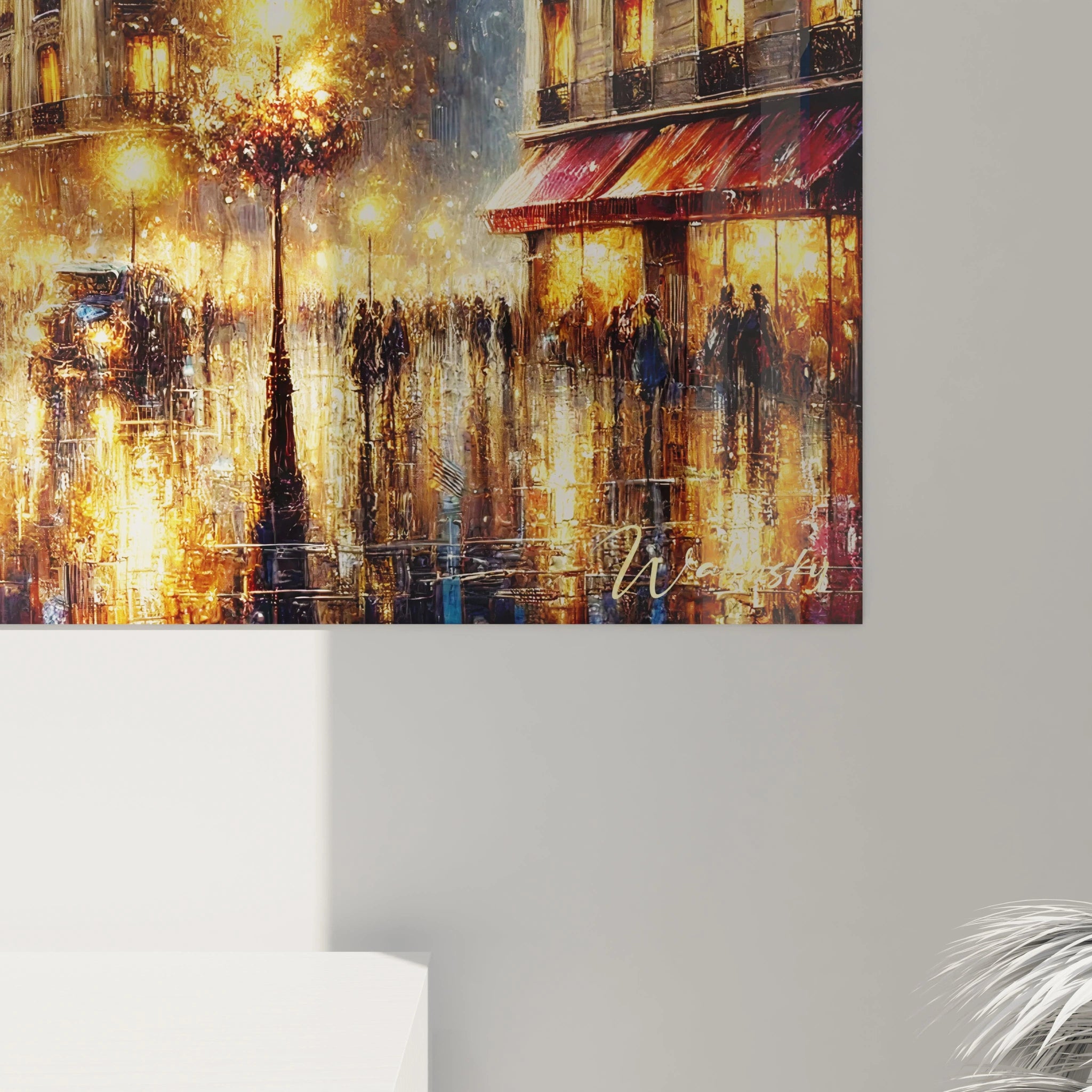 Vue rapprochée tableau Paris Sous la Pluie révèle des coups de pinceau expressifs et des reflets vibrants. Les teintes rouges et or dansent avec le bleu profond, créant un effet visuel envoûtant.