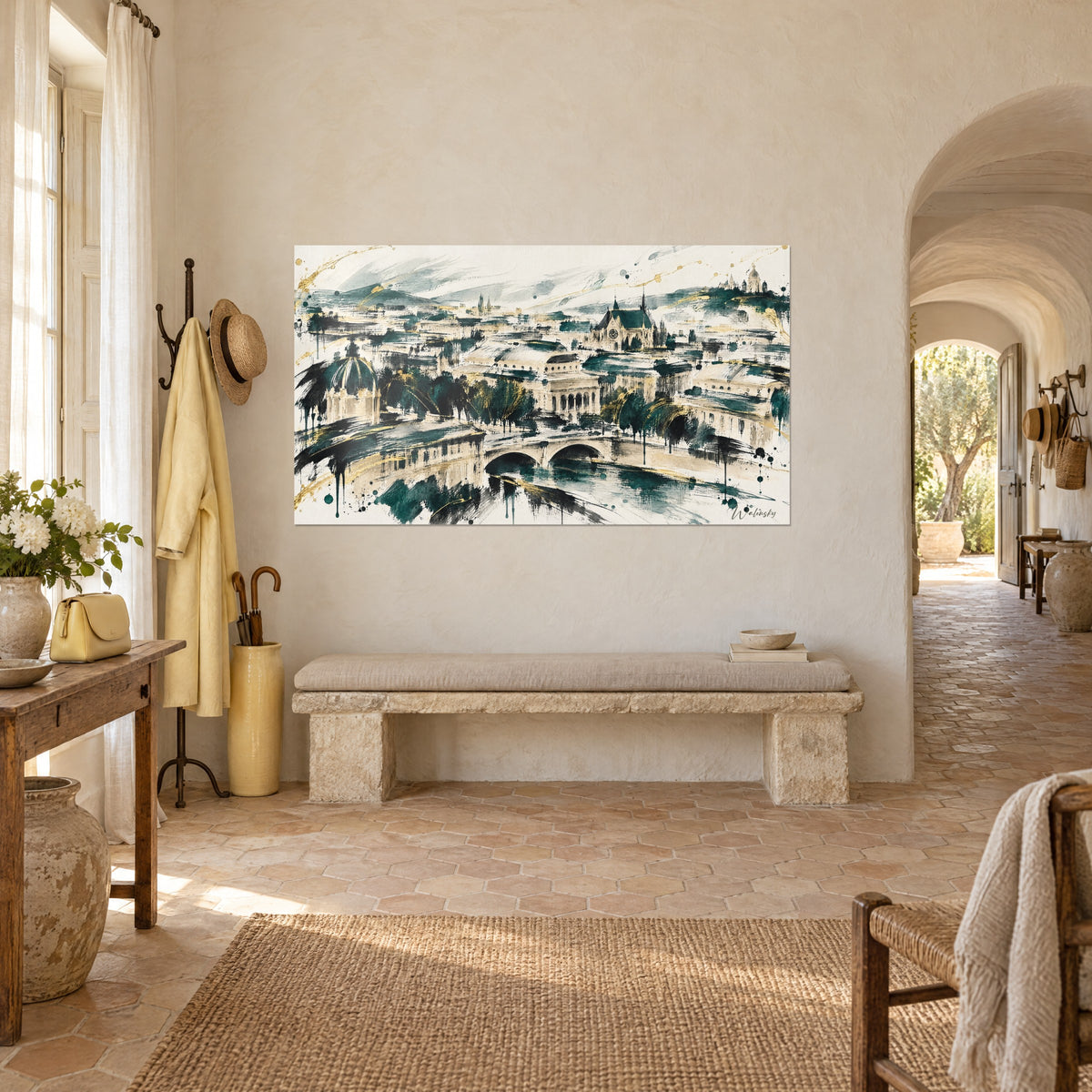 Wall art Paris watercolor, arches of an ivory bridge with emerald green touches and golden highlights, on a whitewashed wall of a Provençal farmhouse