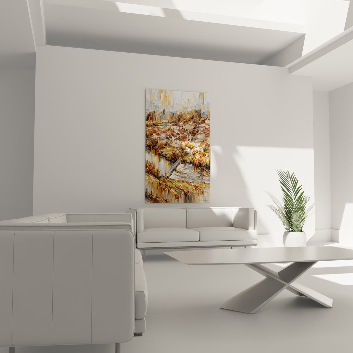 Maisons terracotta et bleu pastel en vue aérienne sur rivière, au-dessus d'un canapé dans un salon lumineux