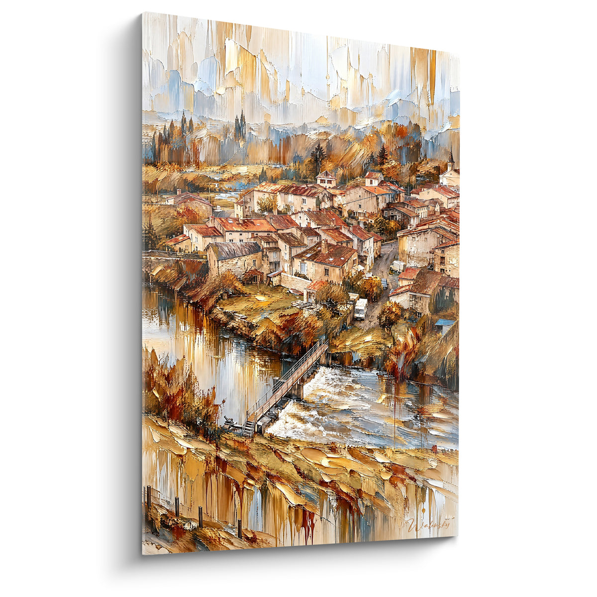 Village aux toits terracotta surplombant une rivière dorée et grise, style esquissé expressif