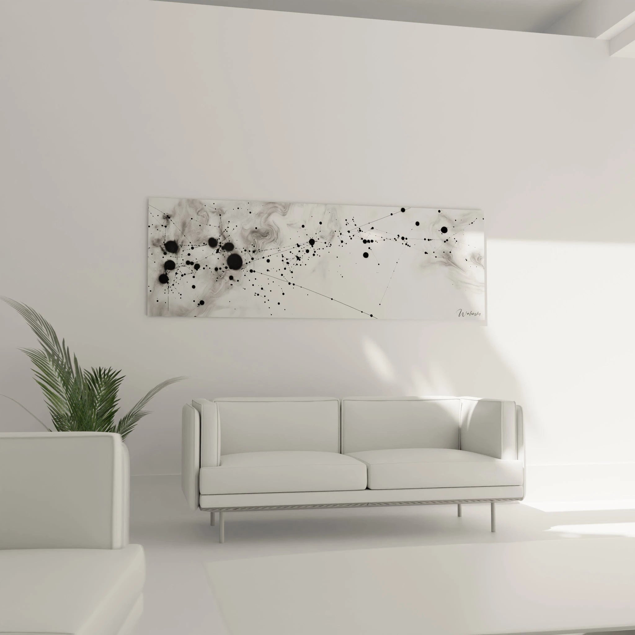 Tableau tacheté noir et blanc de Walensky accroché au mur d'un salon moderne et lumineux