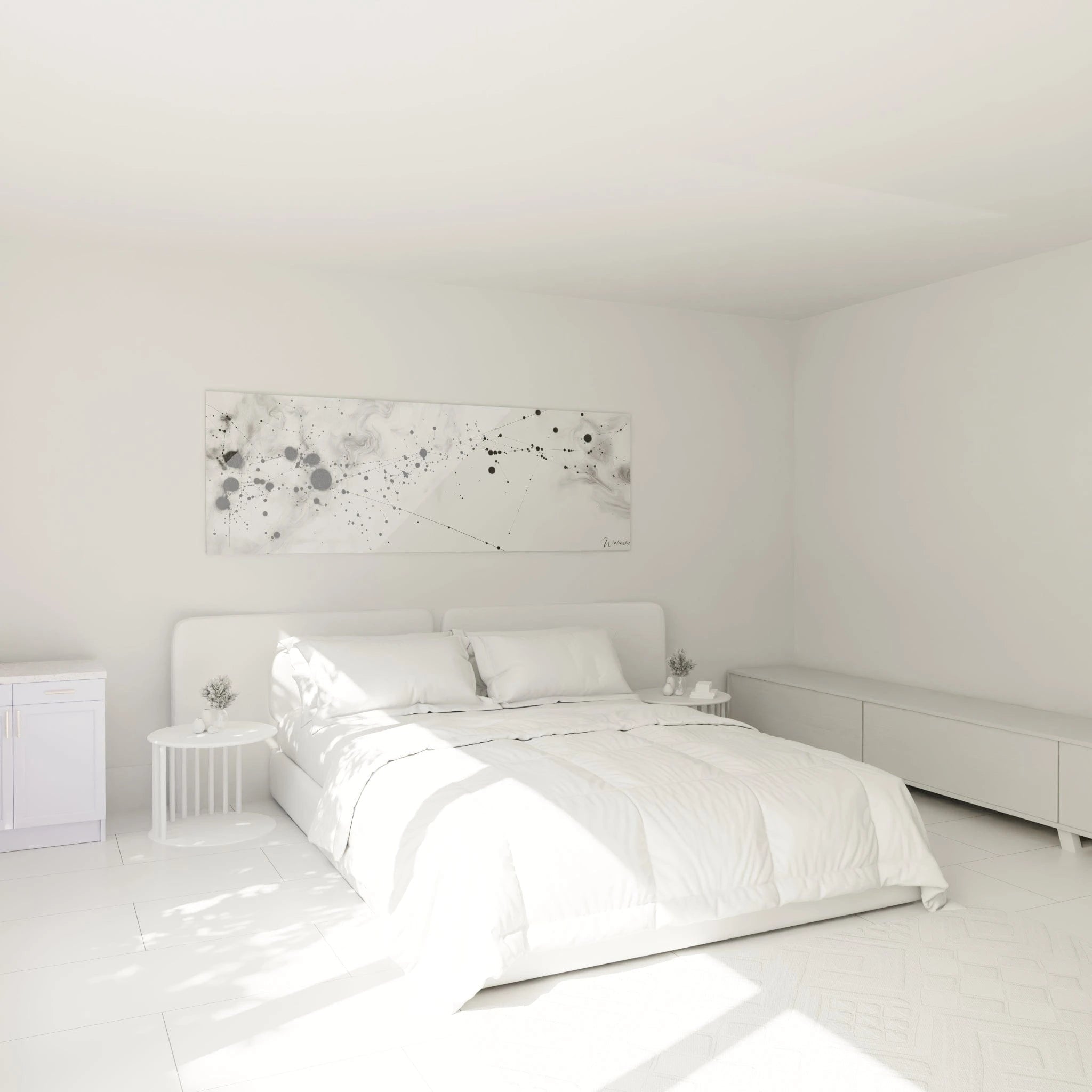 Tableau tacheté noir et blanc Walensky décorant une chambre moderne et lumineuse