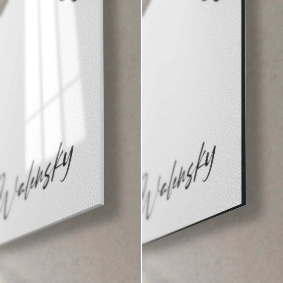 Gemälde mit schwarzen Spritzern auf Weiß, untere rechte Ecke: links glänzendes Acrylglas, rechts mattes Dibond, 3 mm Kante