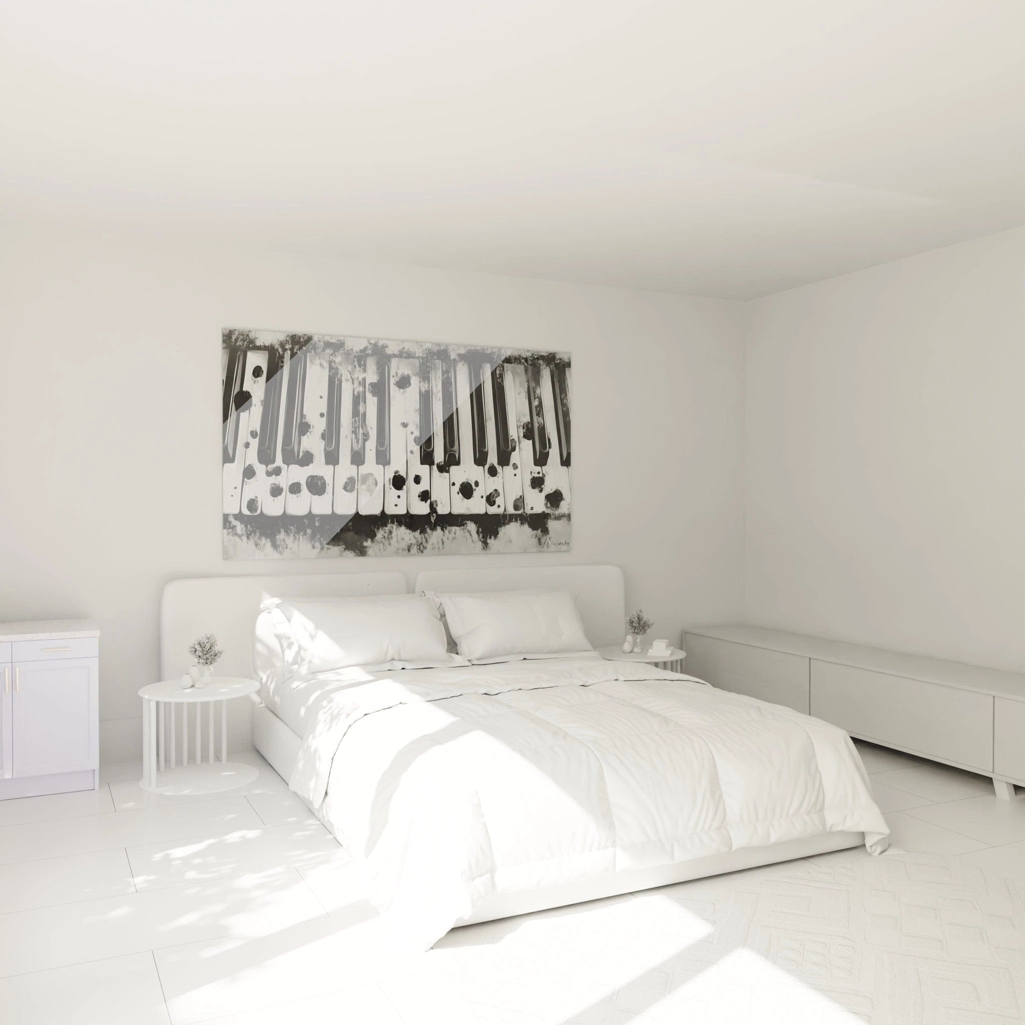 Tableau musique noir et blanc de Walensky avec motifs de touches de piano dans une chambre moderne