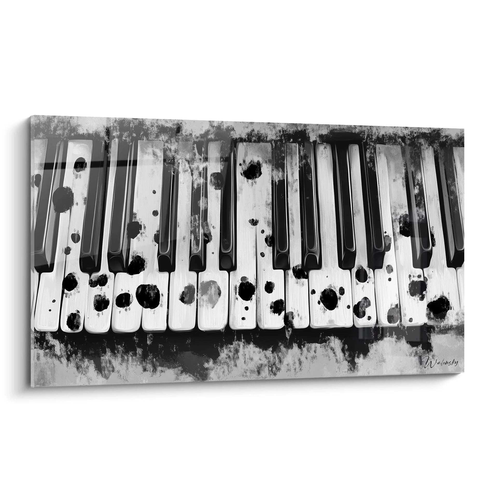 Tableau musique noir et blanc représentant des touches de piano avec des éclaboussures d'encre artistique