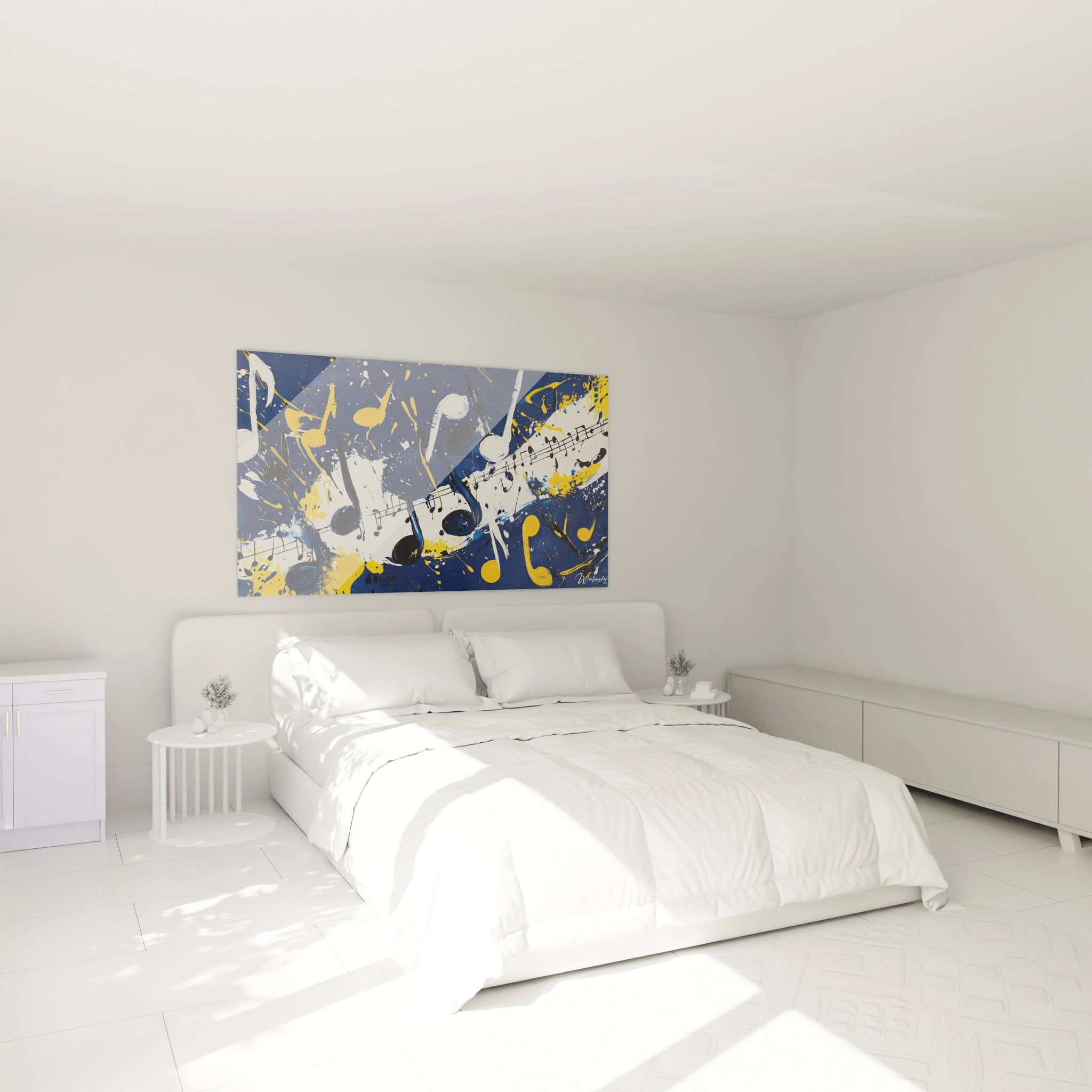 Tableau musique abstrait de Walensky avec éclaboussures de peinture jaune et blanche sur fond bleu