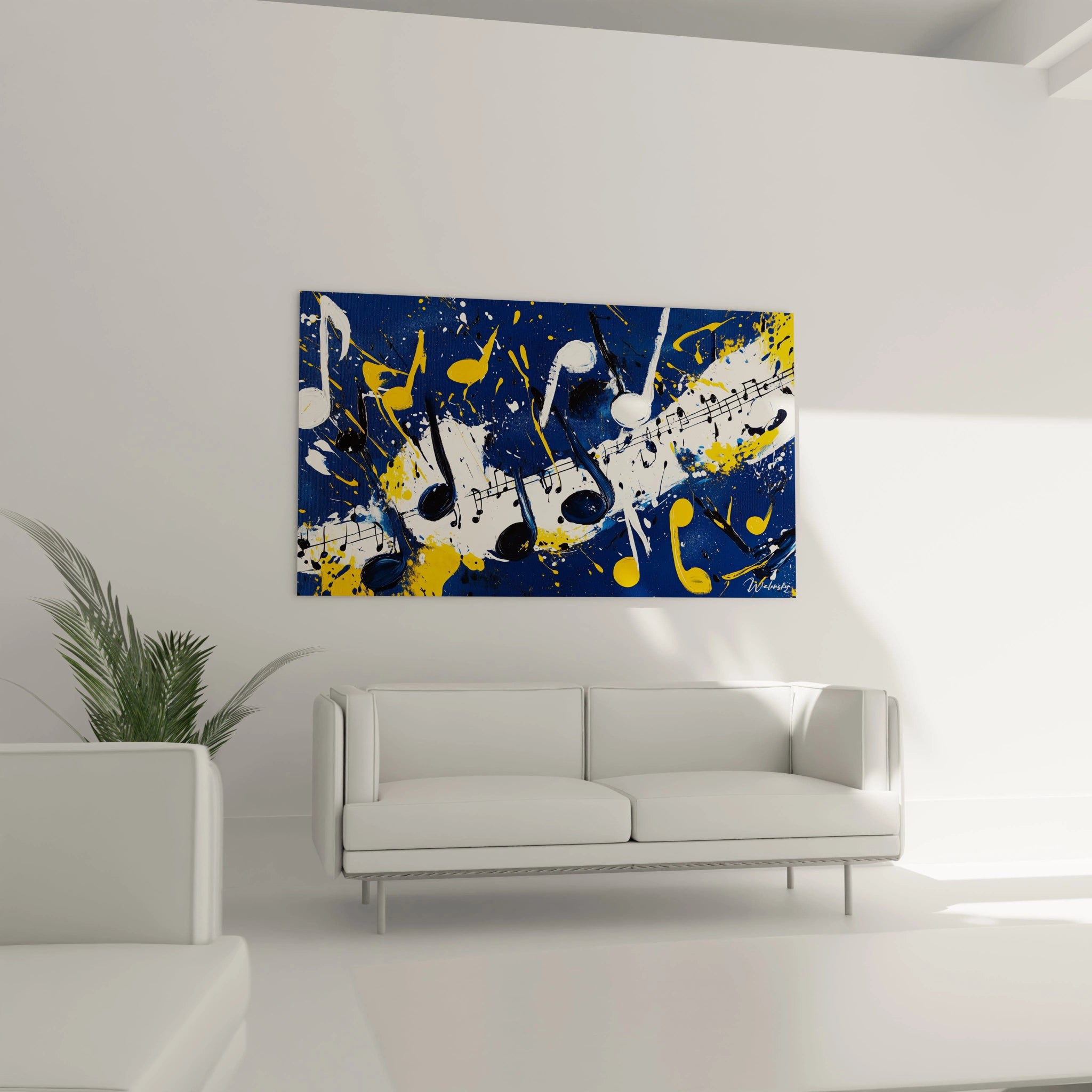 Tableau musique abstrait de Walensky avec notes de musique en bleu et jaune sur fond blanc