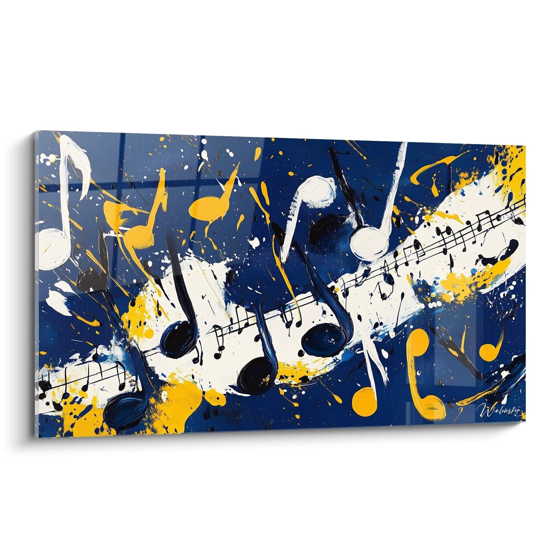 Tableau abstrait de musique de Walensky avec des notes de musique en jaune et noir sur fond bleu