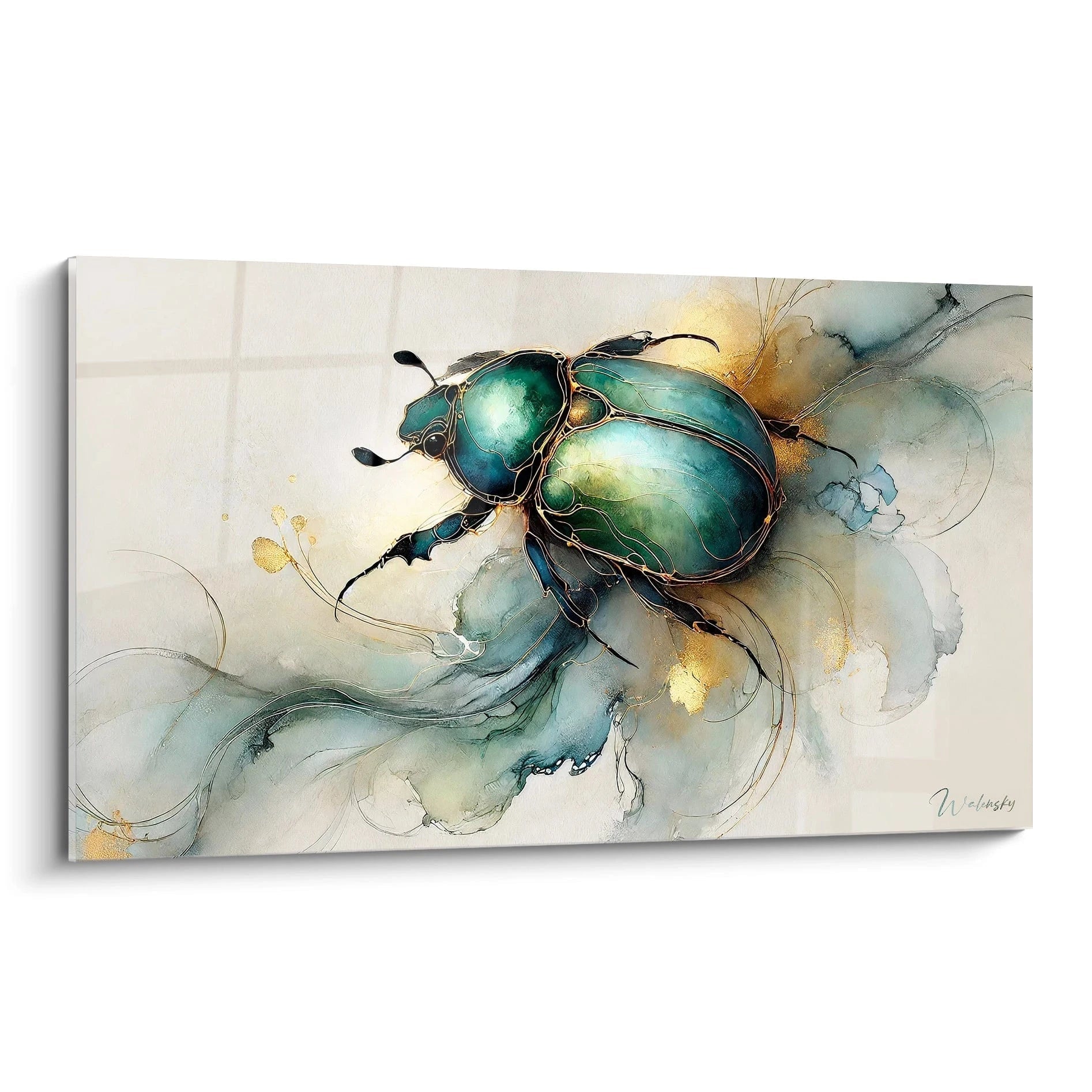 tableau scarabee vu de biais capte la puissance de cet insecte mythique grace a des nuances de vert or et marine. Ce melange unique de couleurs revele une aura mystique et un charme intemporel.