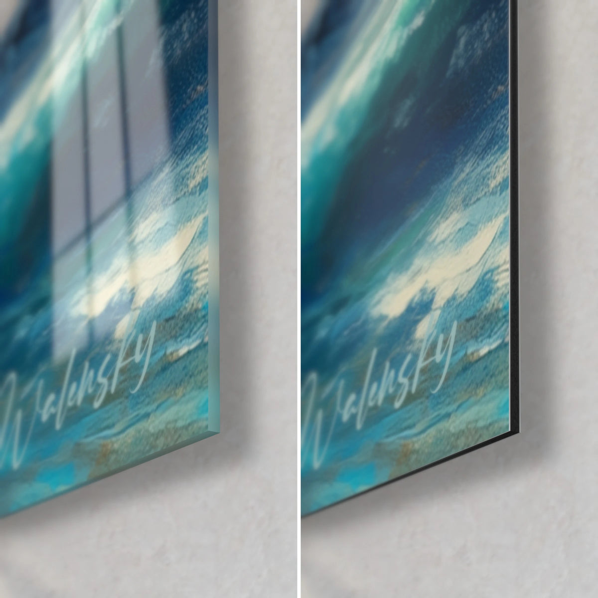 Tableau pont naturel de roche, coin bas droit : verre brillant aux reflets turquoise, Dibond mat noir, tranche de 3 mm