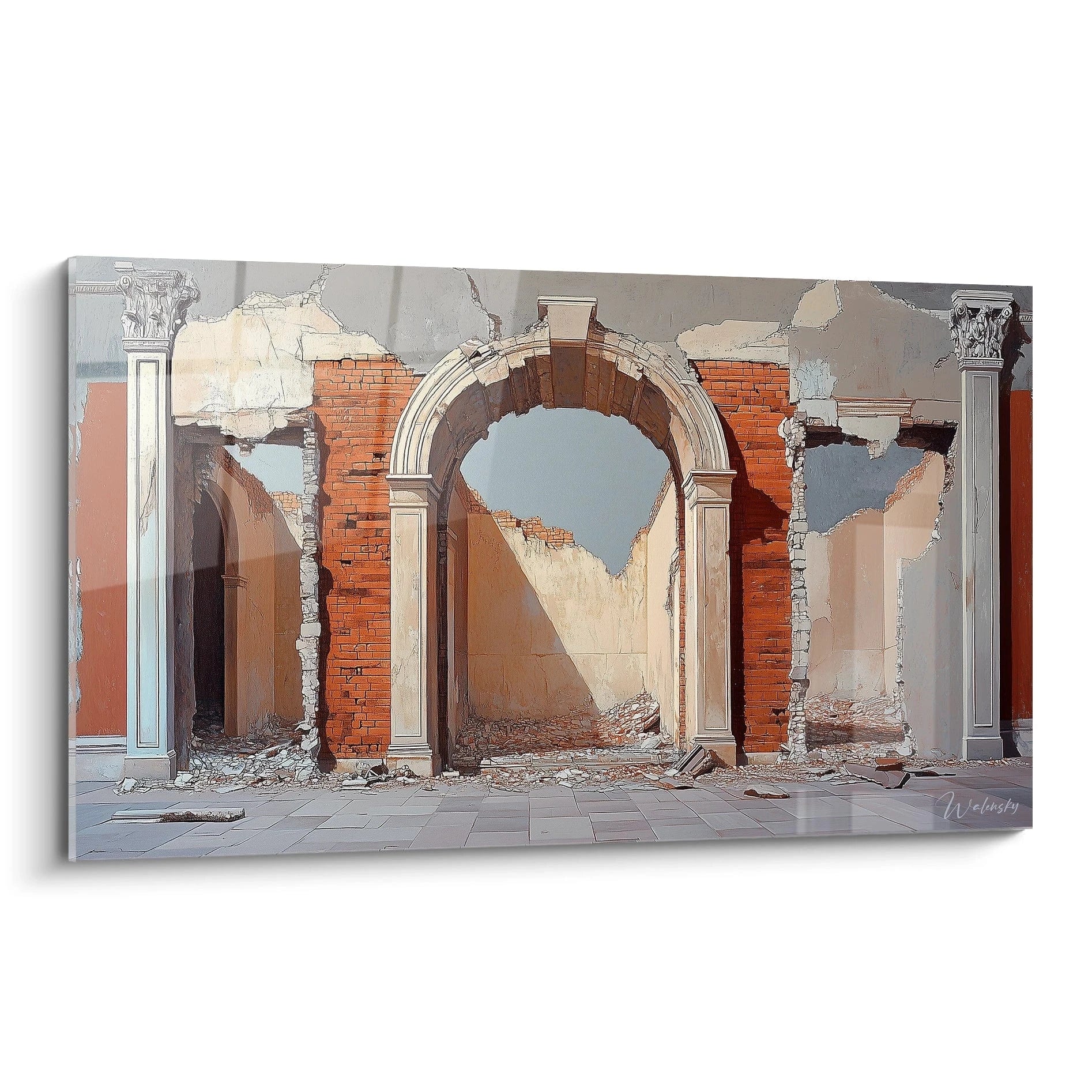 Tableau artistique représentant une arche classique en briques rouges partiellement effondrée, entourée de colonnes en pierre beige et de murs décrépits, avec des jeux d'ombre et de lumière accentuant les textures rugueuses et la profondeur architecturale.