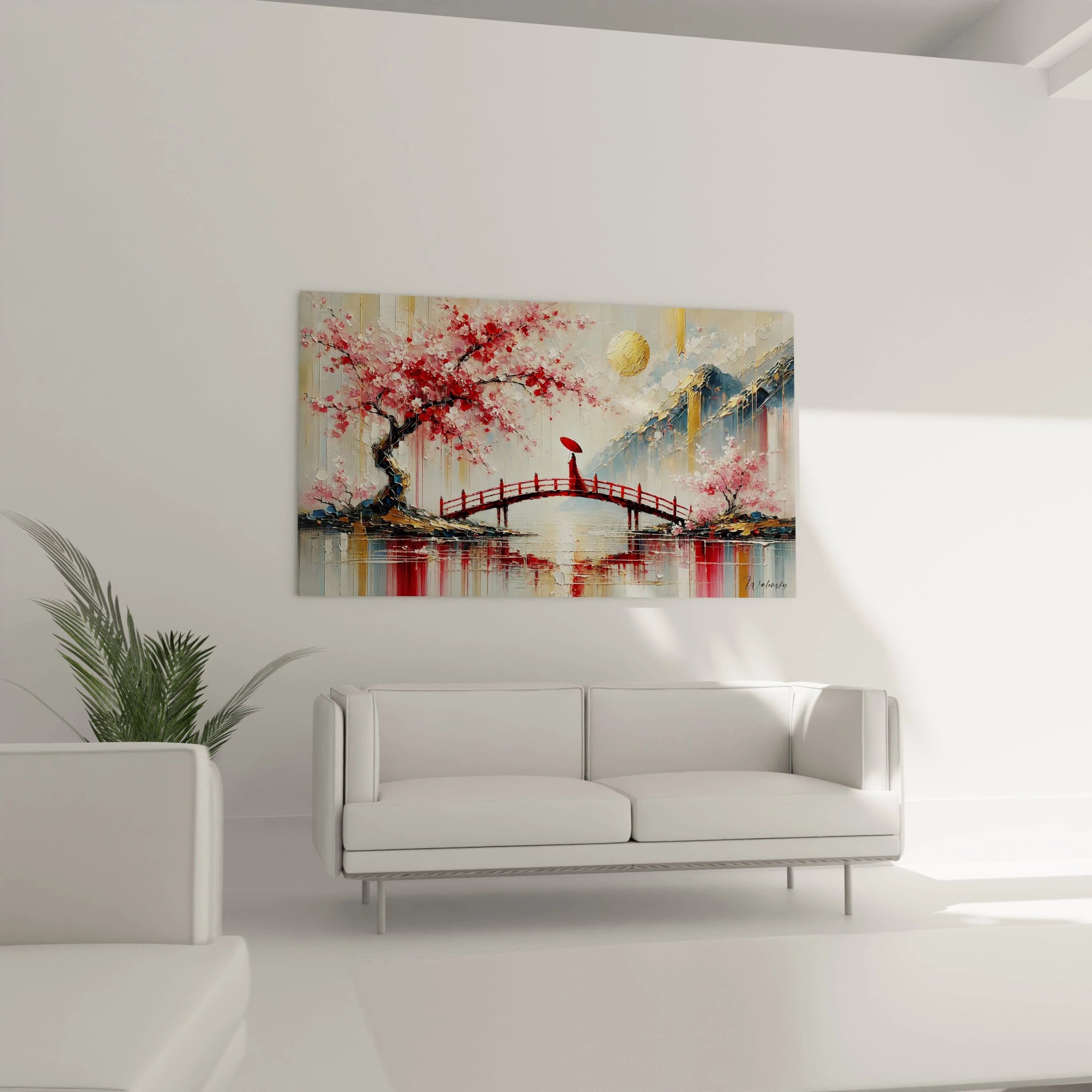 Accroche au dessus du canapé ce tableau japonais apporte une touche d harmonie Le pont rouge et les arbres en fleurs s integrent parfaitement dans un salon apaisant