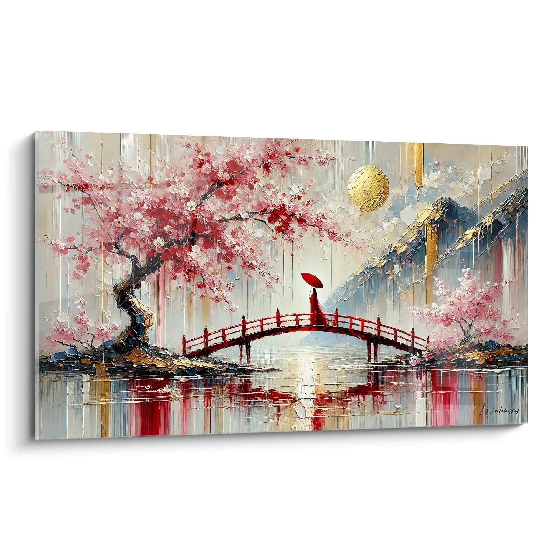 Tableau japonais vu de biais capturant un pont rouge et des arbres en fleurs en hommage a l art nippon Avec des textures contemporaines chaque detail invite a la contemplation poetique