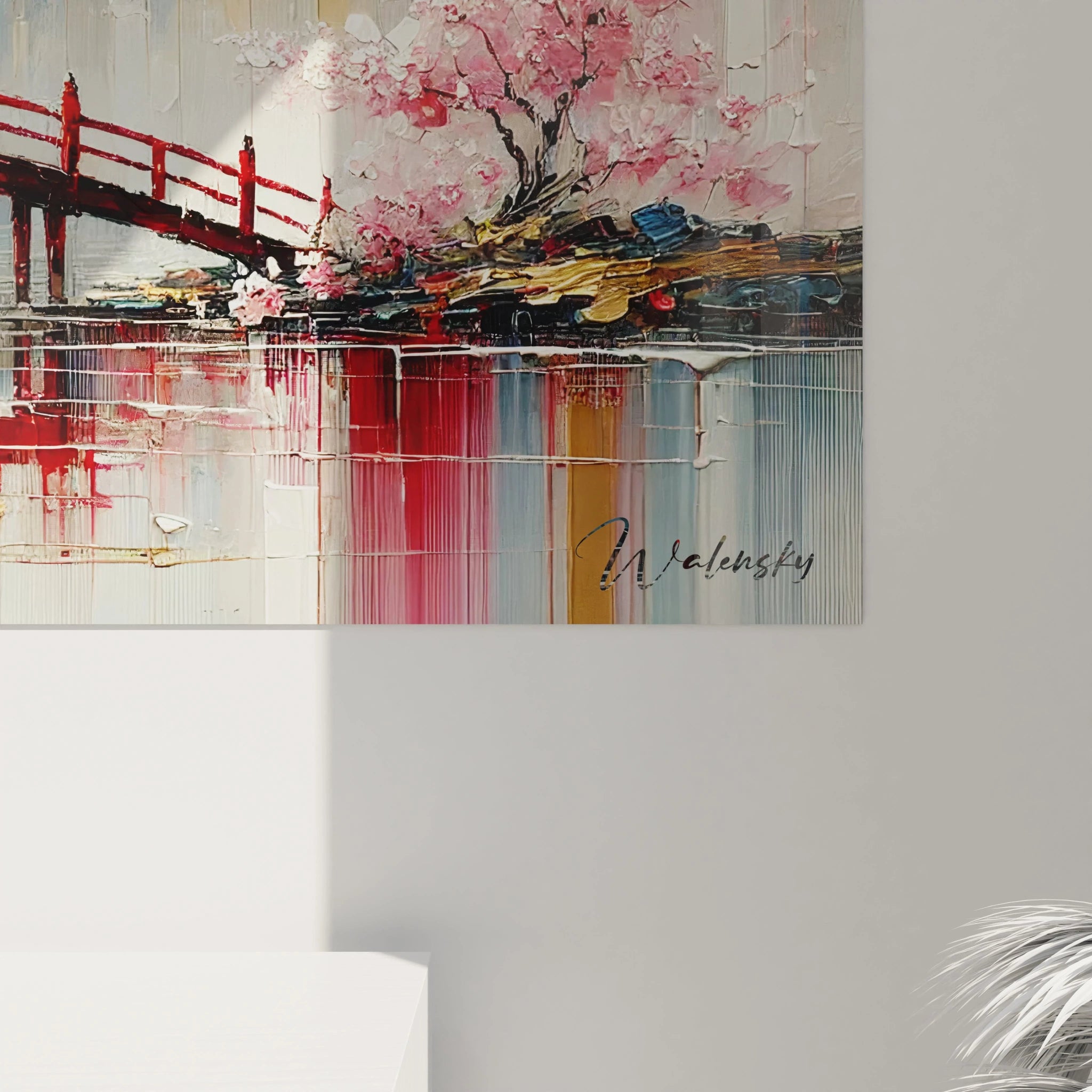 Vue de pres de ce tableau japonais avec des textures contemporaines qui soulignent les details du pont rouge des arbres en fleurs et des montagnes Lumineux et captivant