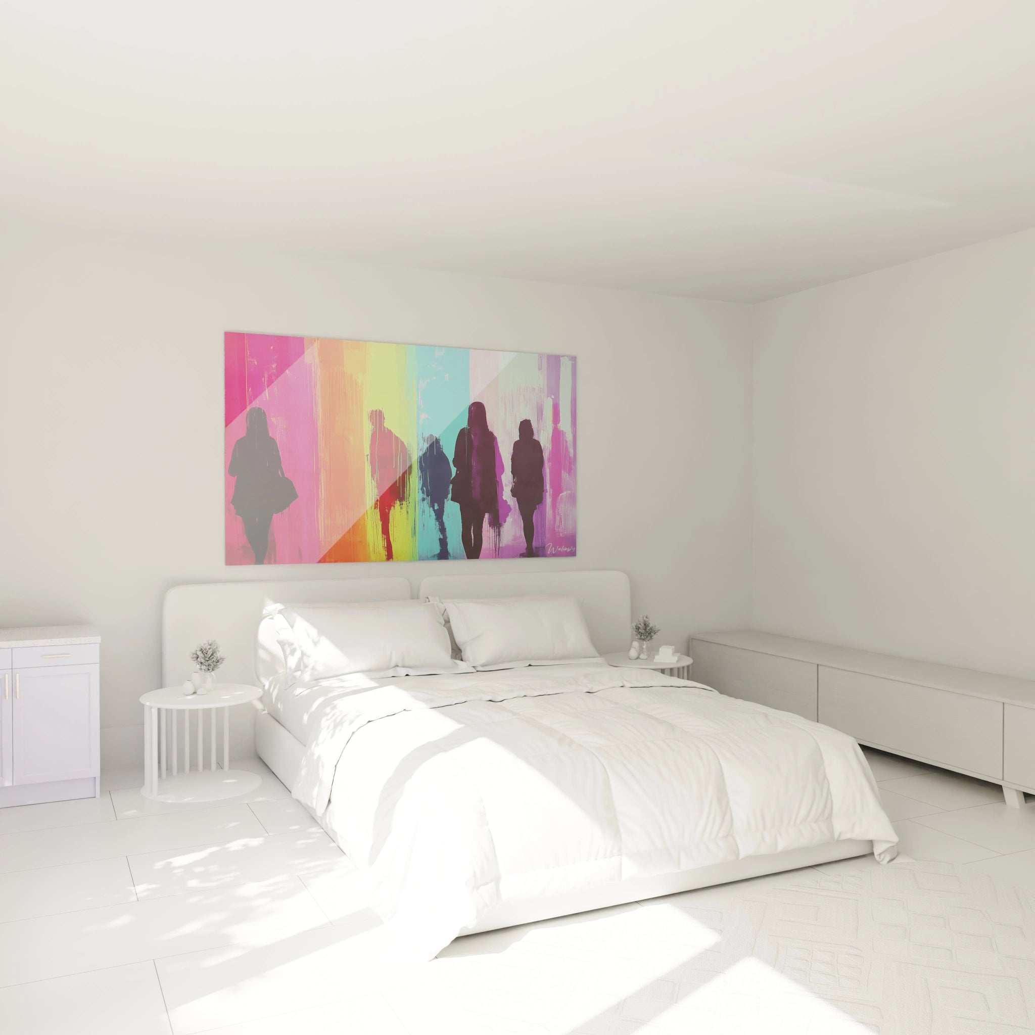 Tableau street art montrant cinq silhouettes humaines disposées horizontalement, chacune superposée sur une section colorée distincte allant du rose au violet, avec des bordures floues et des techniques de dripping qui évoquent l'énergie urbaine.