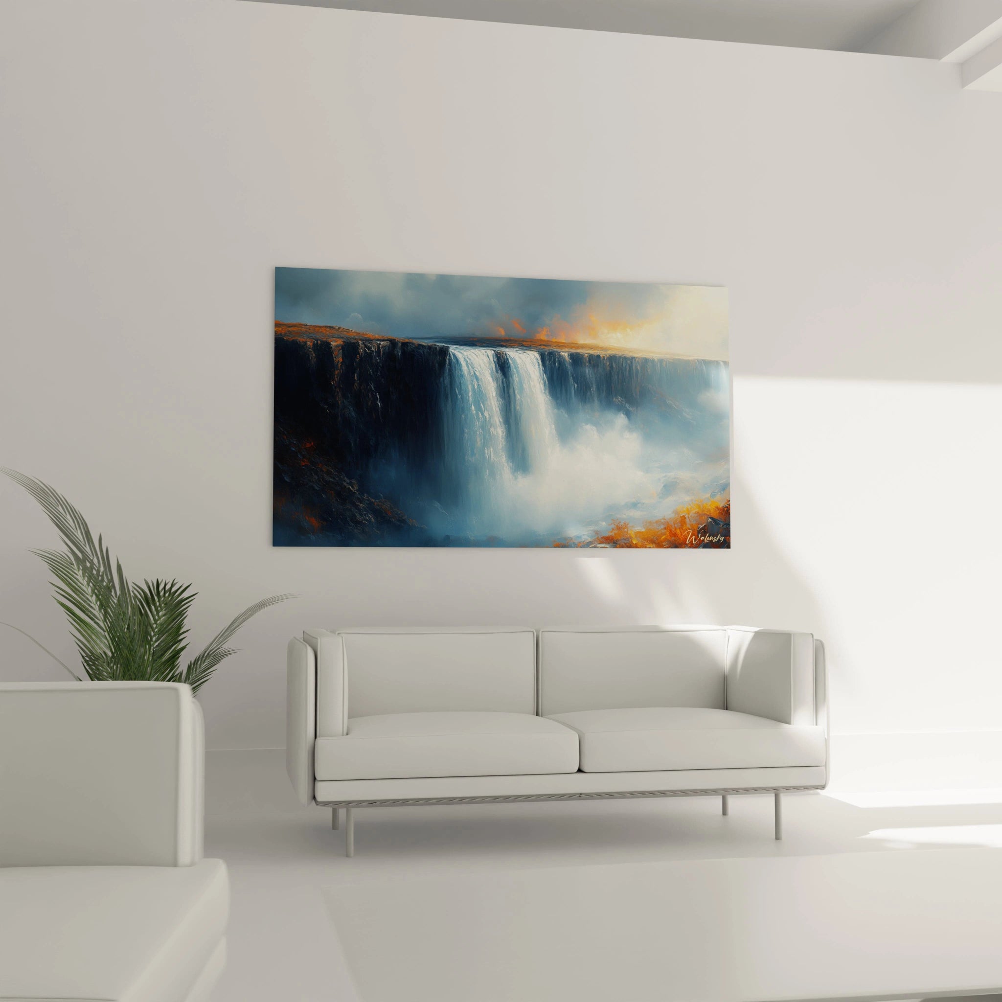 Un tableau saisissant montrant une cascade verticale s'écoulant d'un plateau rocheux, où contrastent le blanc éclatant de l'eau, le bleu profond des falaises et le ciel nuageux, avec des reflets dorés illuminant les contours du précipice.