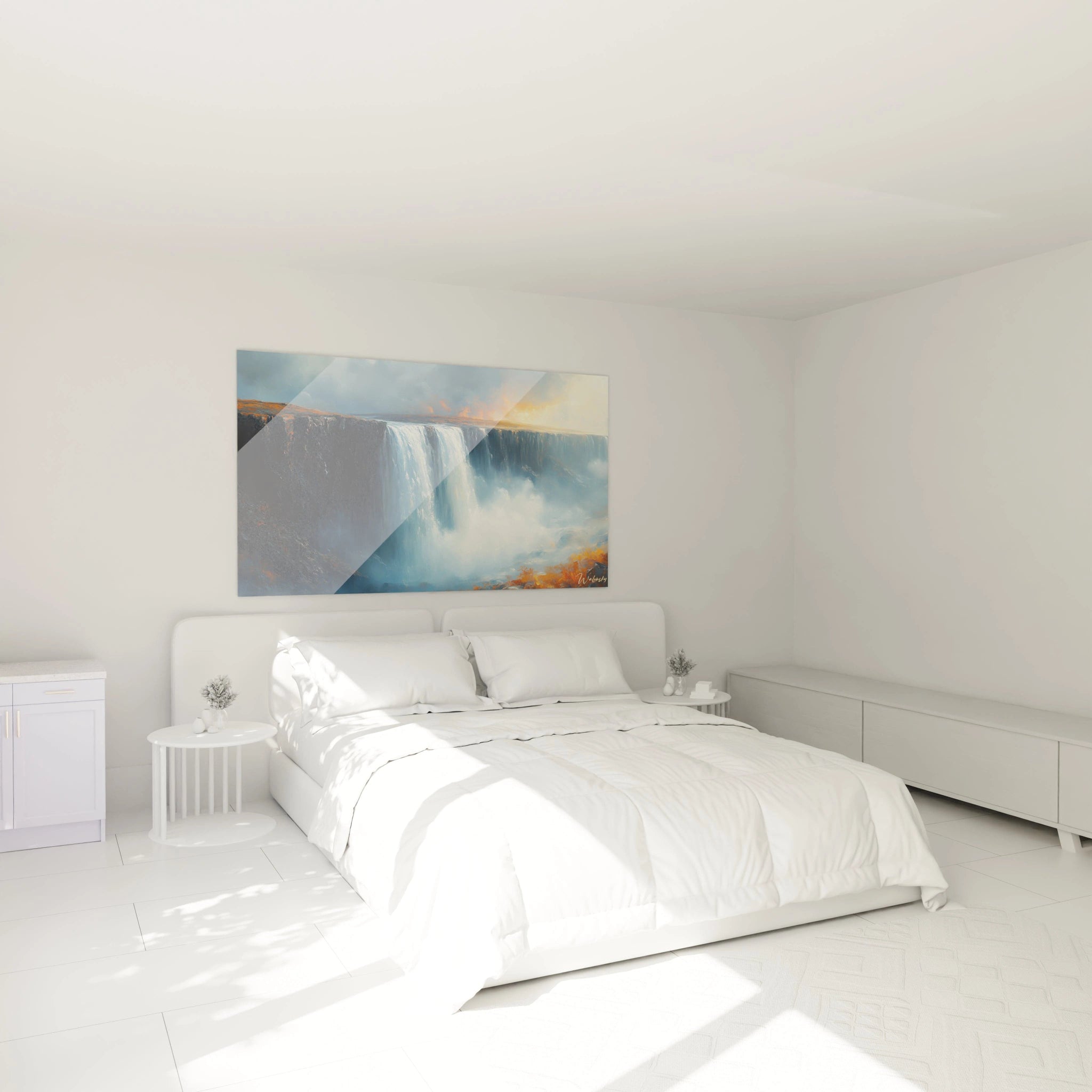 Un tableau dramatique d'une imposante chute d'eau plongeant dans l'abîme, encadrée par des falaises escarpées, combinant des teintes de bleu-gris avec des accents d'orange doré sur les bords, créant une atmosphère crépusculaire mystique.