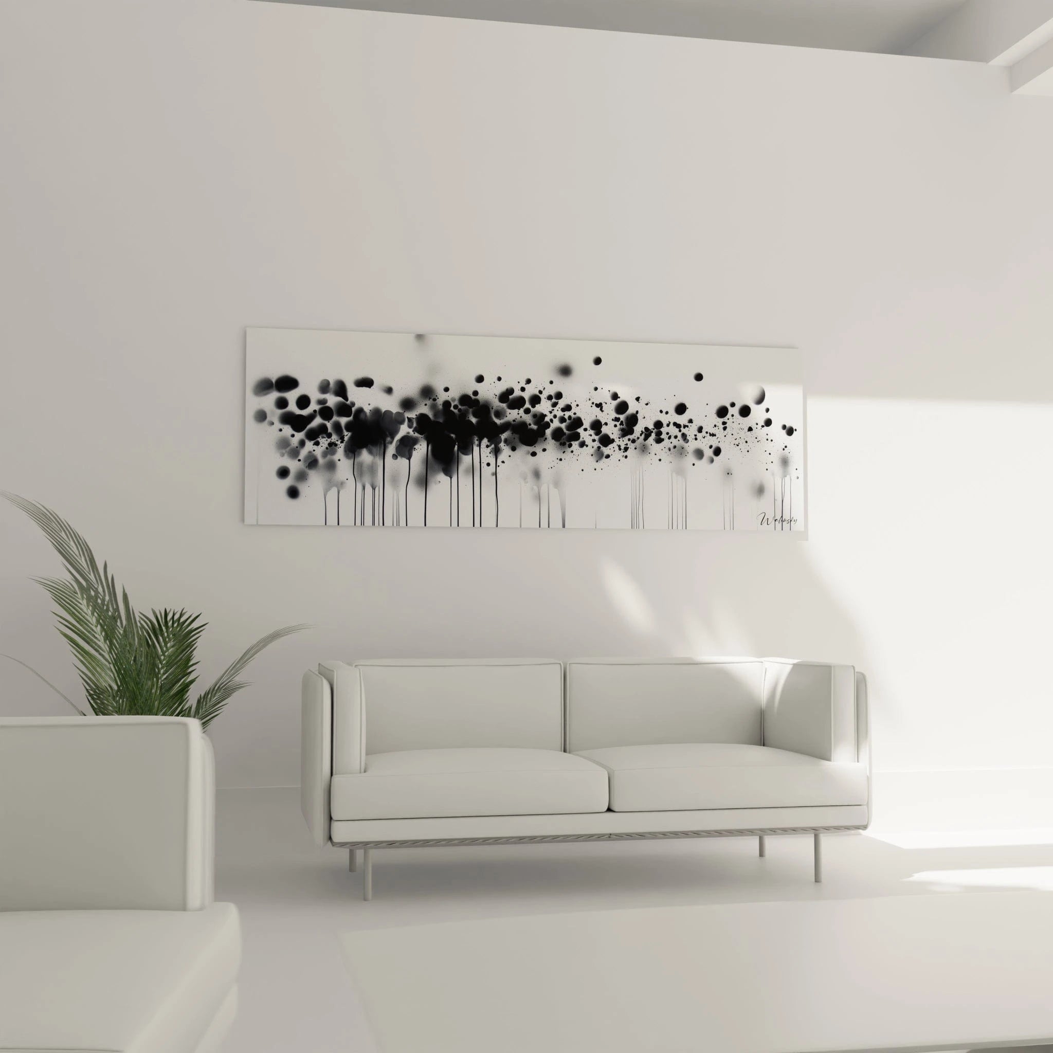 Tableau tacheté noir et blanc de Walensky sur mur blanc dans un salon moderne