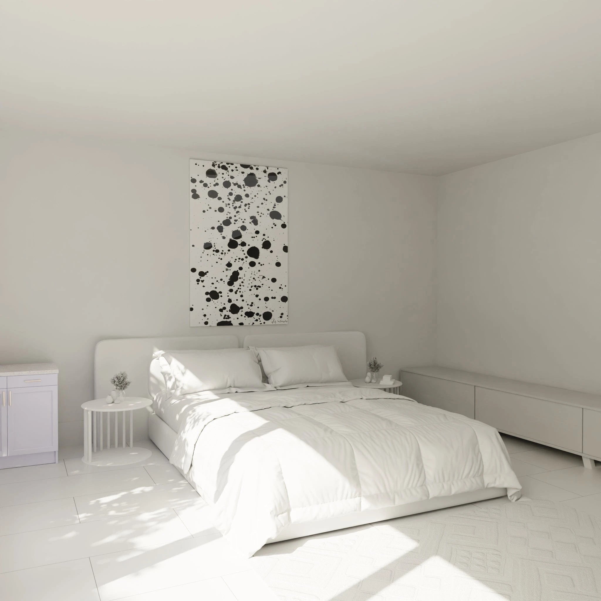 Tableau tacheté noir et blanc Walensky accroché au mur dans une chambre moderne et minimaliste