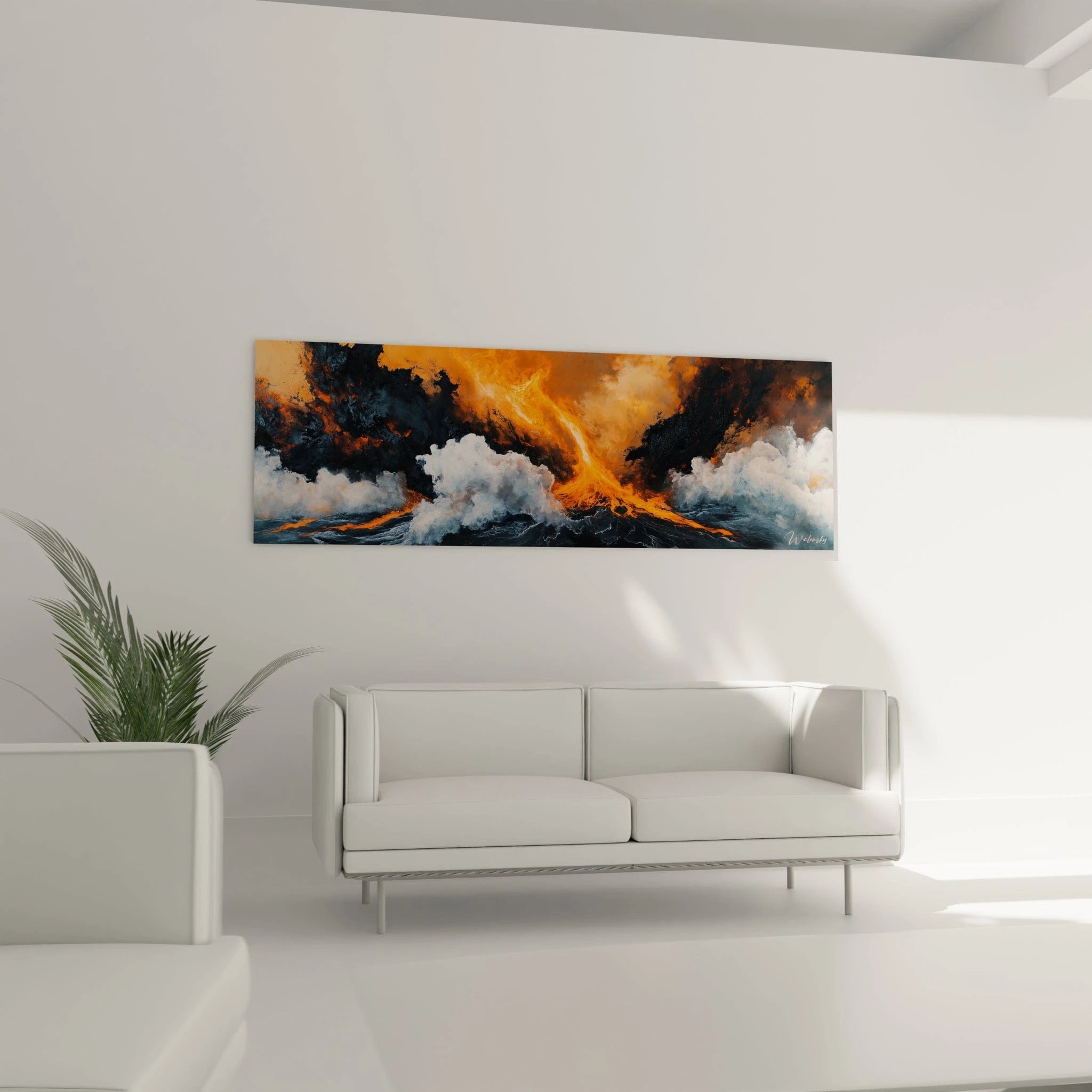 Tableau expressionniste abstrait de Walensky montrant des nuages orange et blancs dans un décor moderne