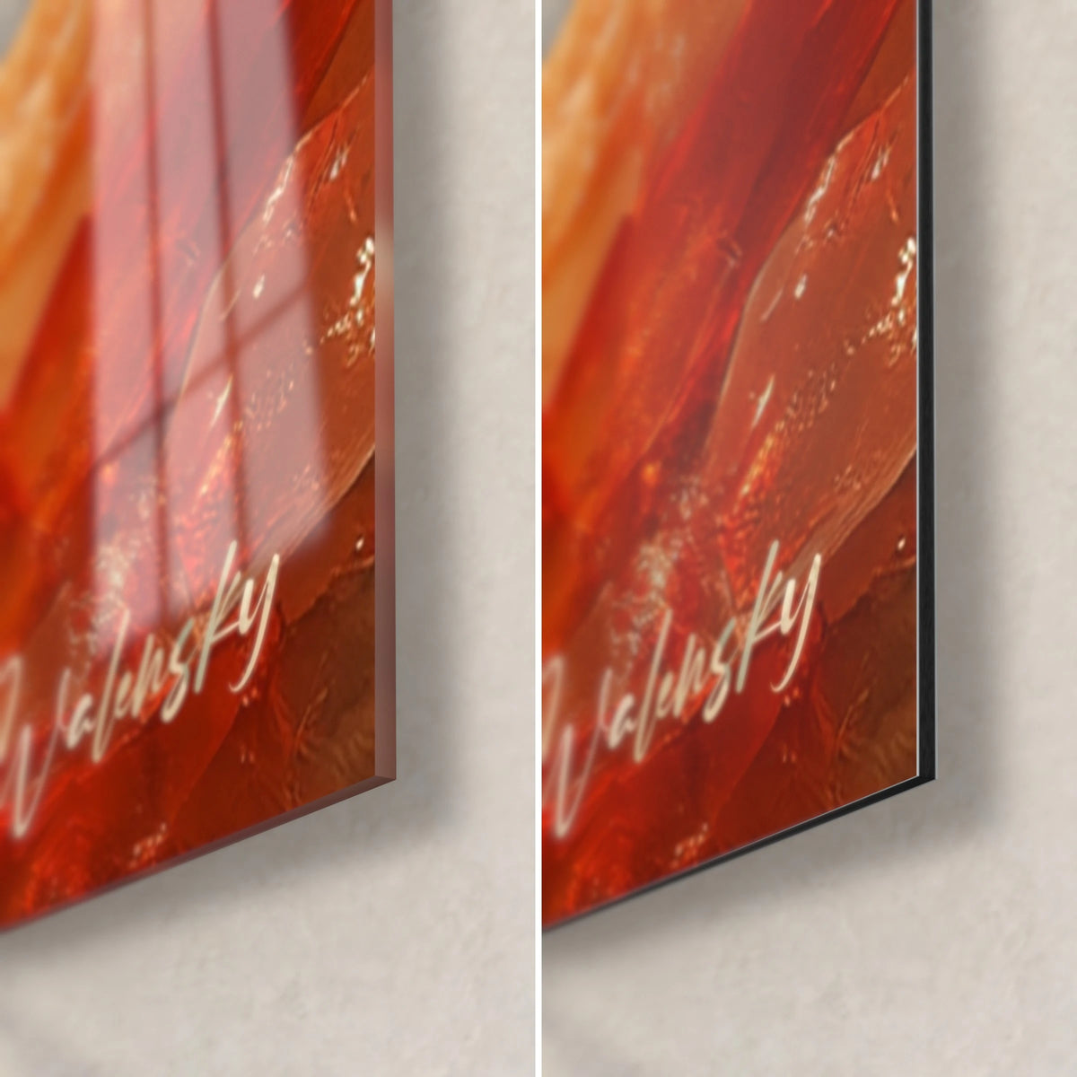 Tableau lotus de cristaux orange et rouge, coin bas droit : verre acrylique brillant à reflets, alu Dibond mat, tranche de 3 mm