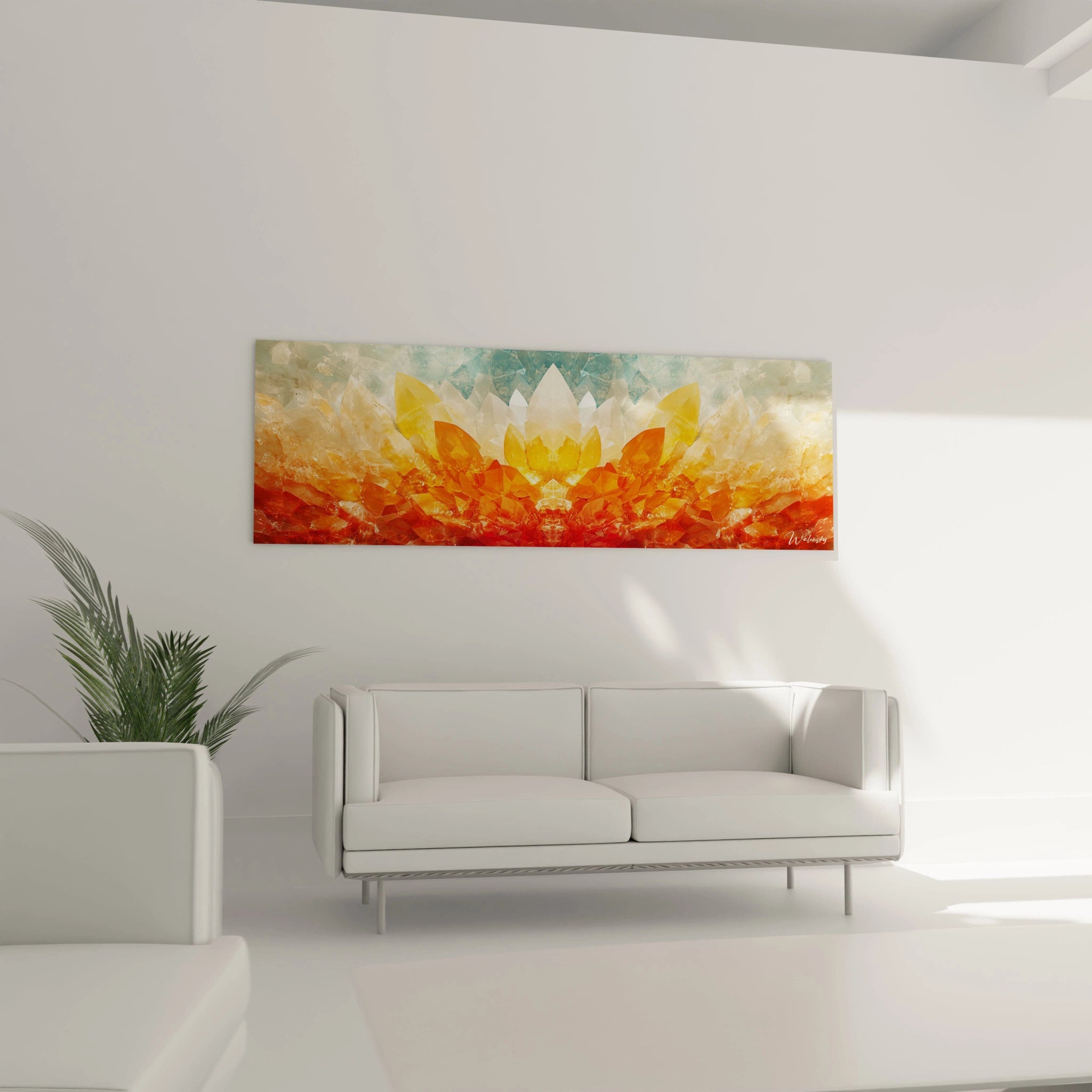 Tableau fleurs abstraite Walensky avec des couleurs vibrantes orange et turquoise pour décoration moderne