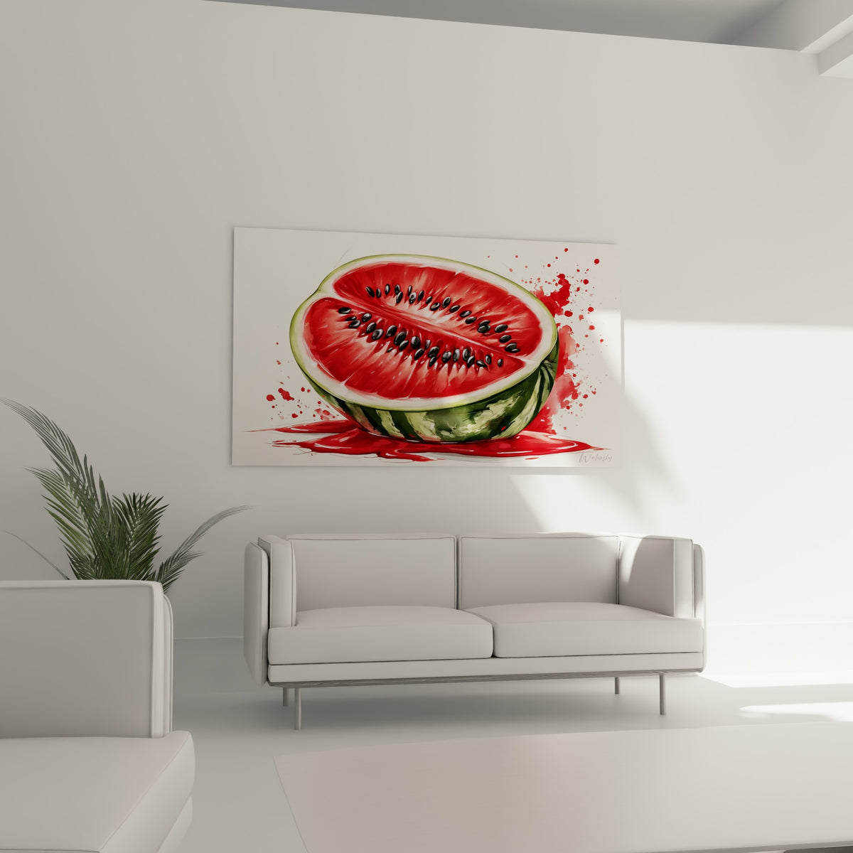 Fruit rouge et vert juteux avec éclaboussures pourpres, au-dessus d'un canapé dans un salon lumineux